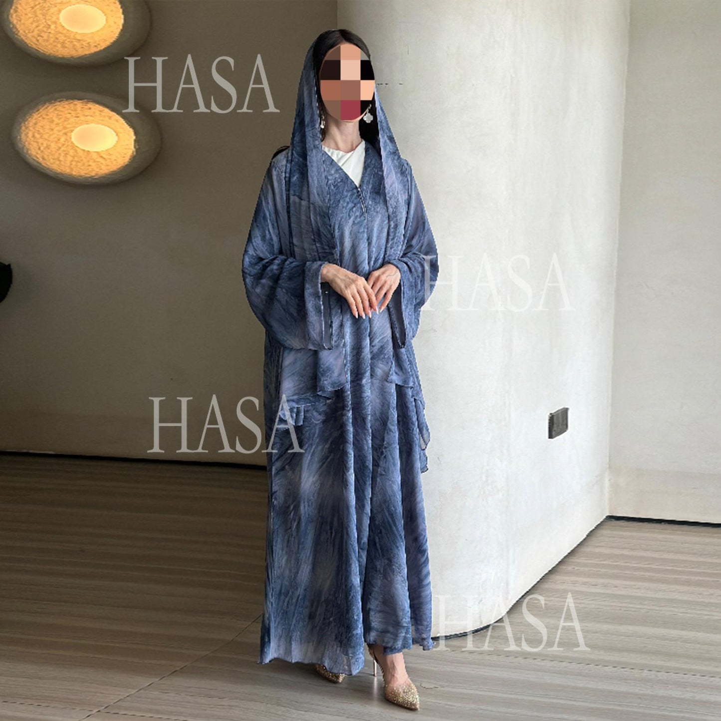 HS6551 Printed Abaya Cardigan with Matching Scarf Two-Piece Set
