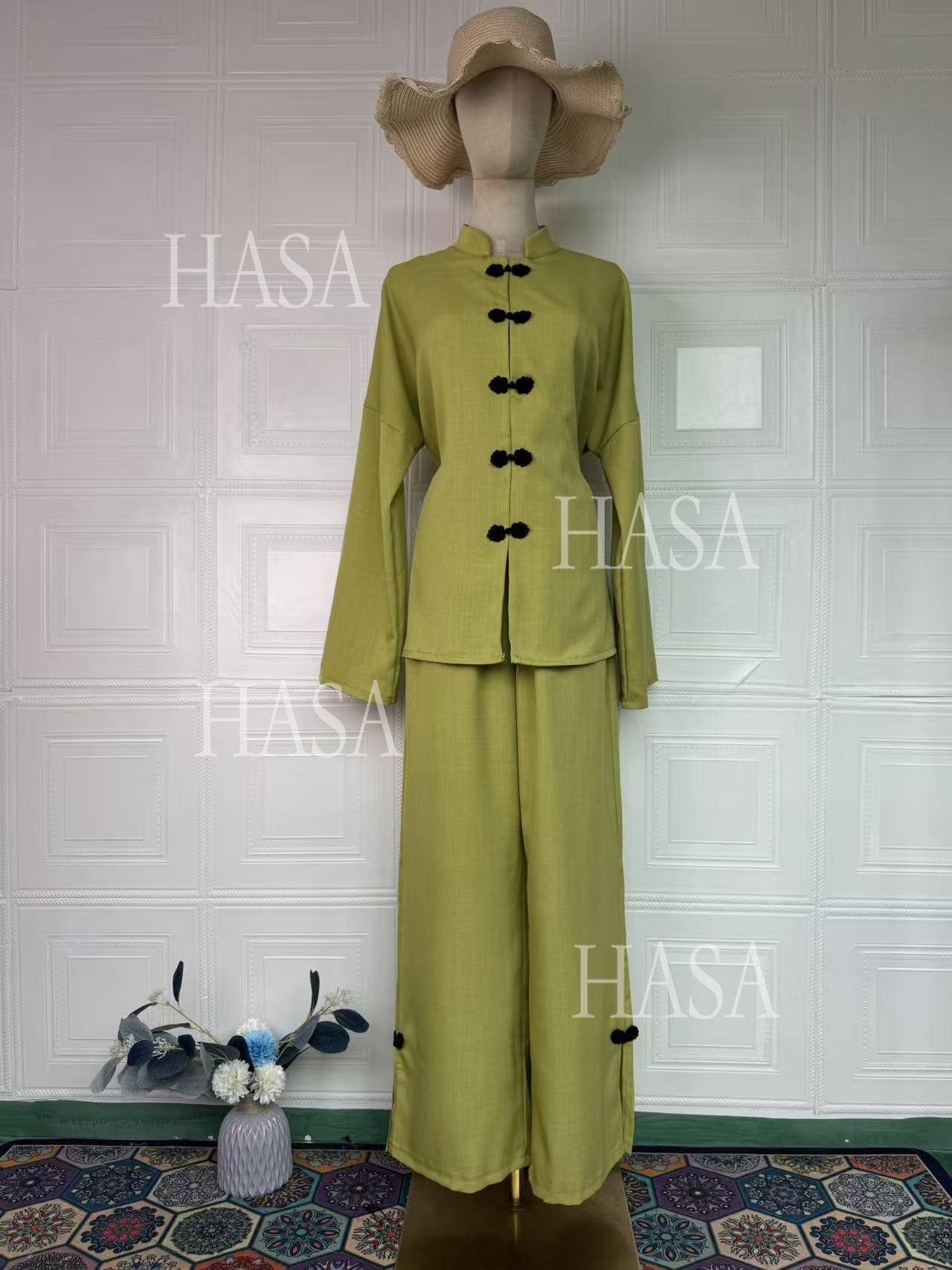 HS6738 Chic Long Sleeve Matching Set with Flowy Pants