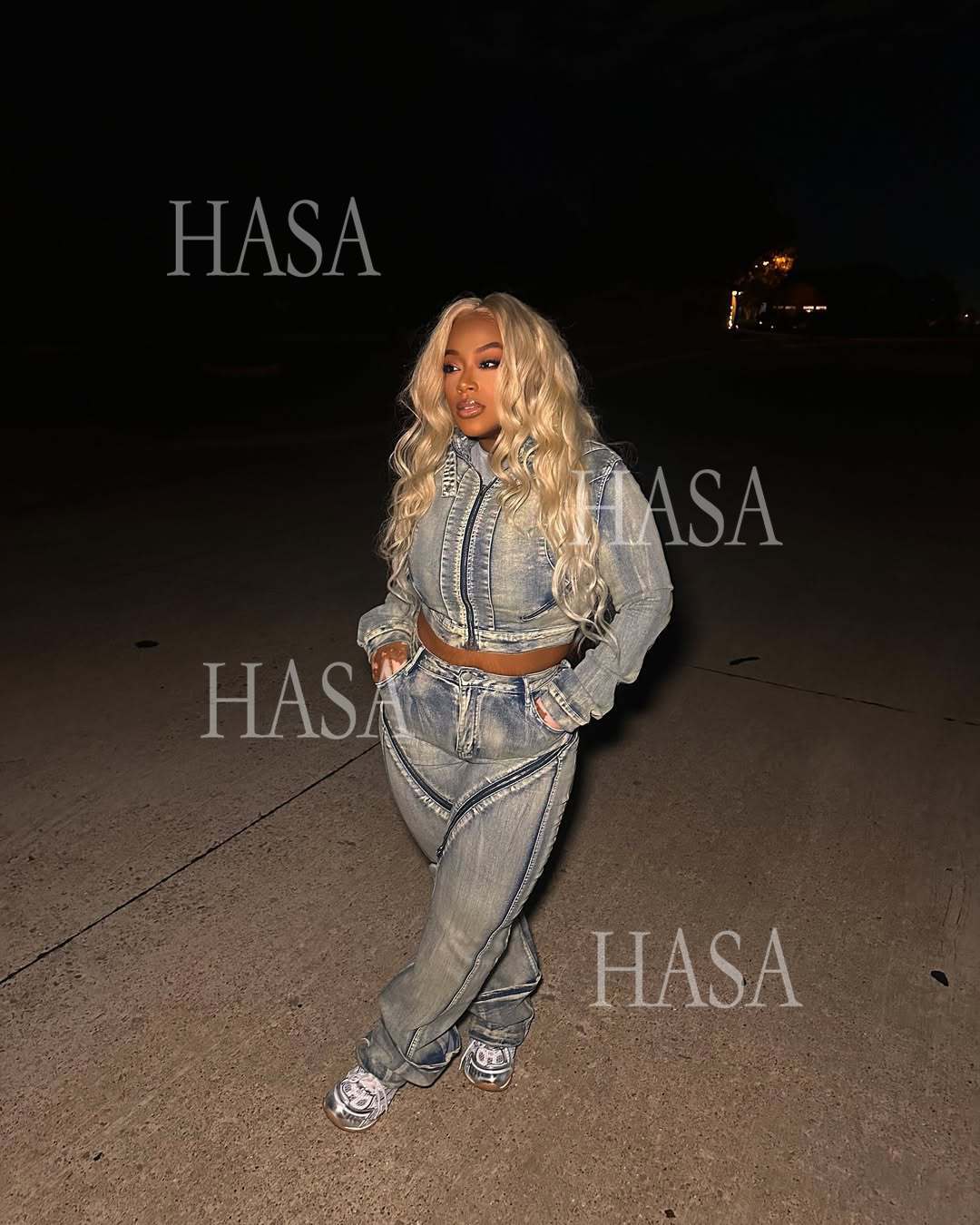 HASA HS6291 Statement Washed Denim Two Piece Outfit with Zip Jacket Detail