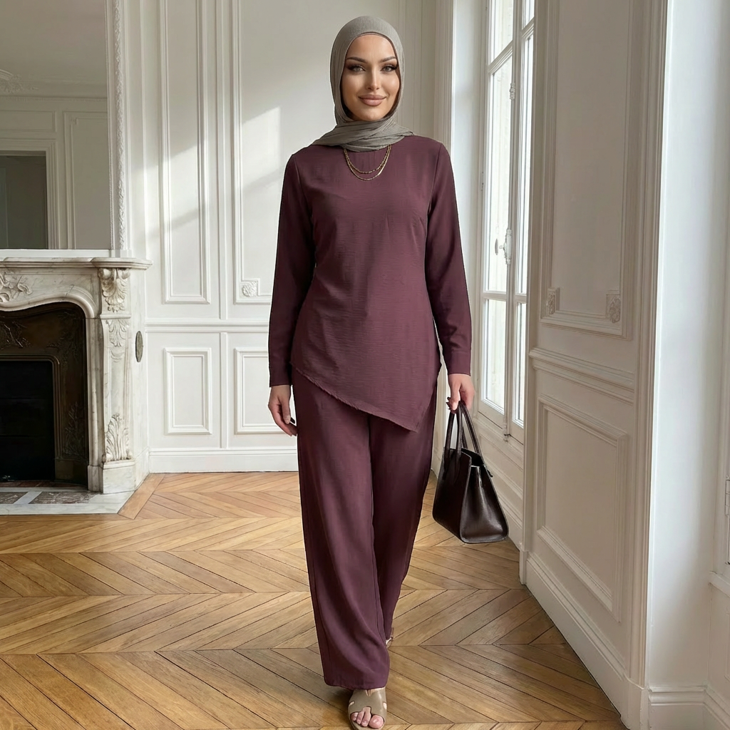 HS6614 Modest Nida Two-Piece Set with Waist Tie & Pocket Trousers
