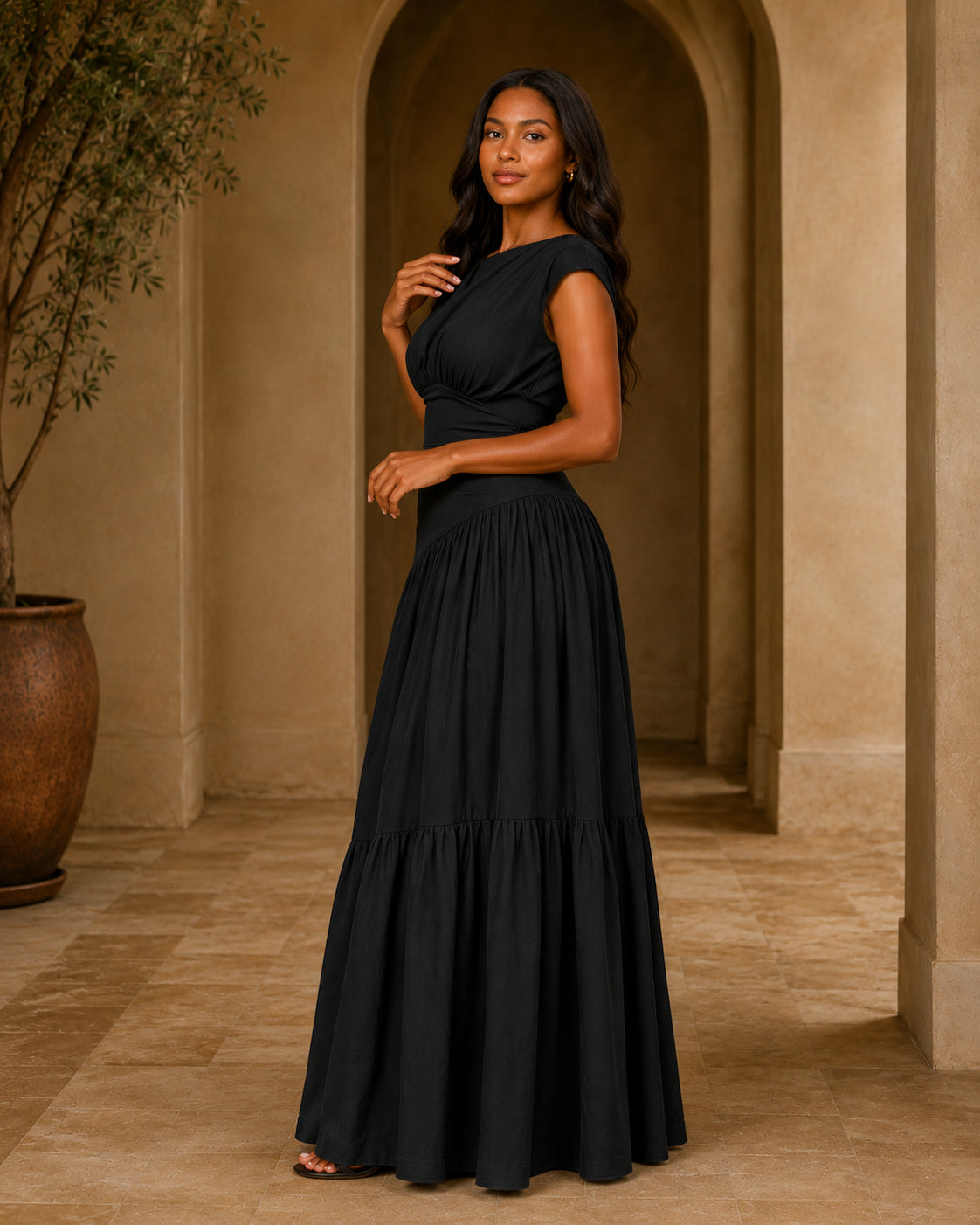 HS1641 Women's Sleeveless Pleated Loose Fit Maxi Dress