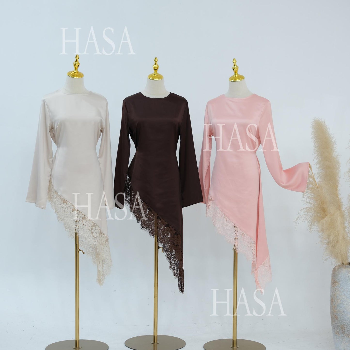 HASA HS6784 Soft Luxury Asymmetric Modest Top with Lace Detail