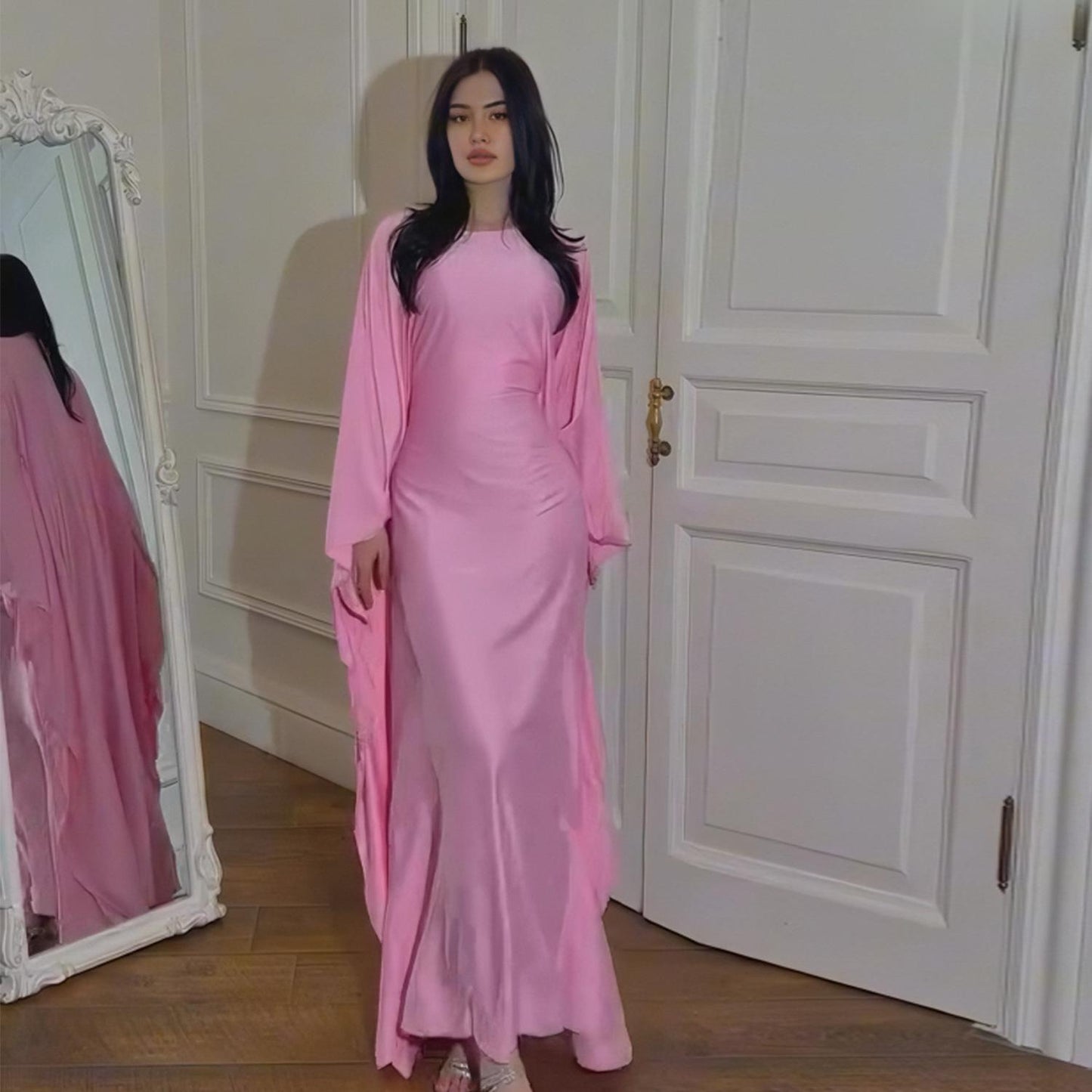 HS1504 Satin Batwing Sleeve Kaftan with Inner Belt