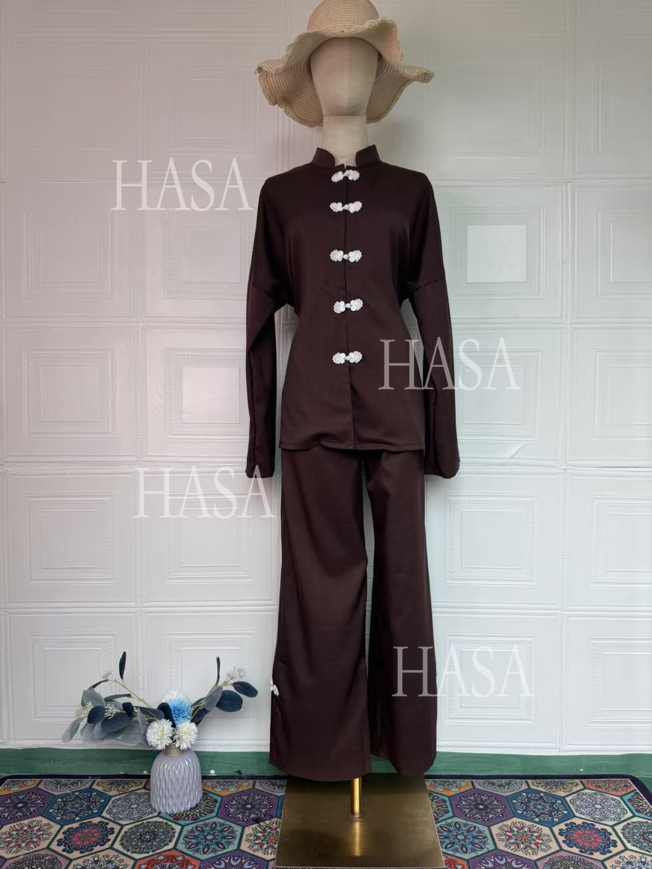 HS6738 Chic Long Sleeve Matching Set with Flowy Pants