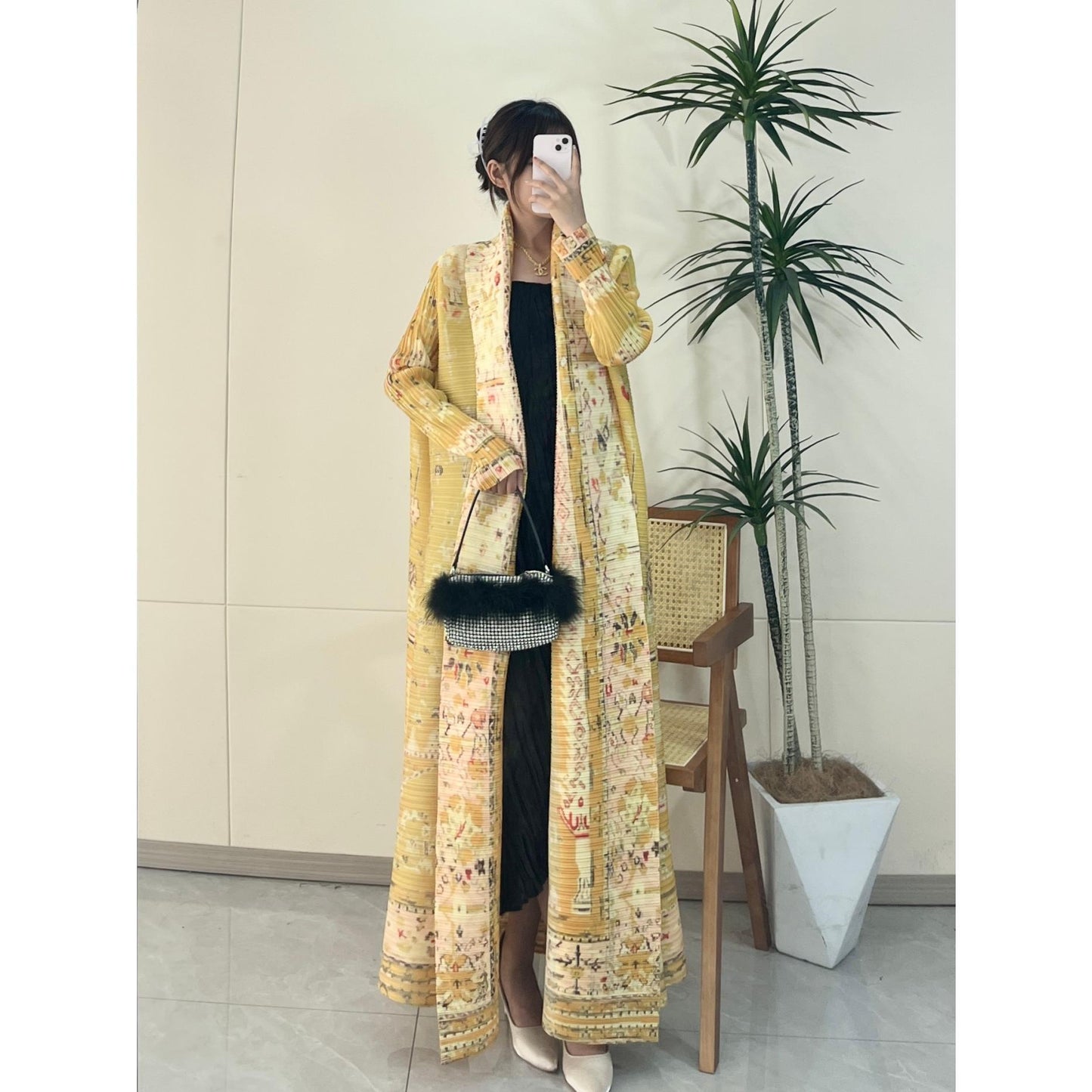 HS5843 Retro Warm Yellow Floral Textured Open-front Long Coat