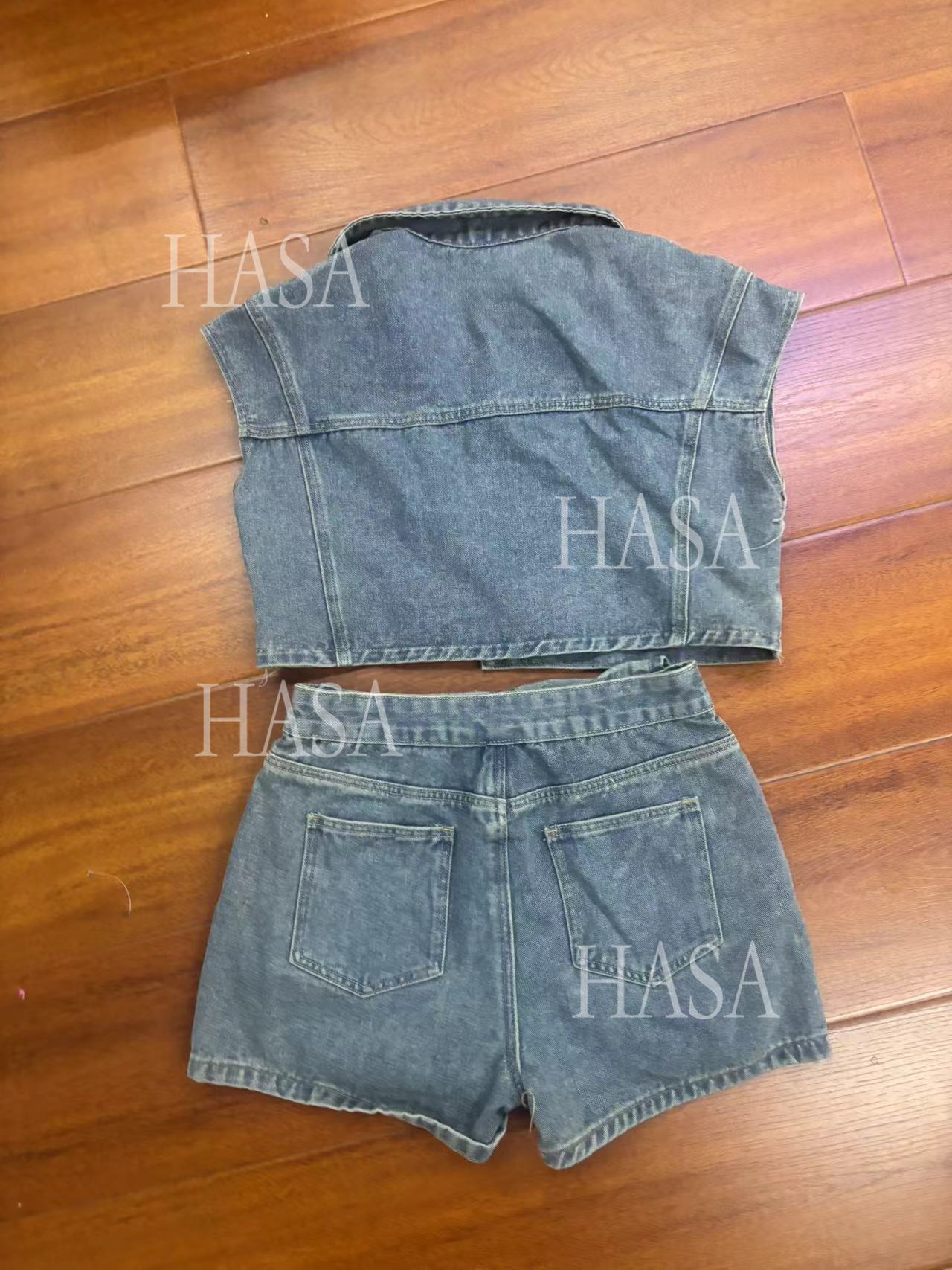 HASA HS6275 Cool Streetwear Denim Two Piece Shorts Set with Cropped Top