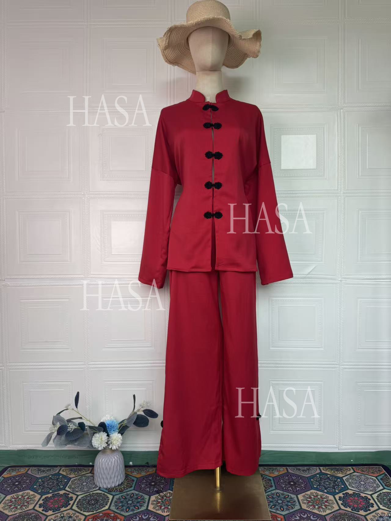 HS6738 Chic Long Sleeve Matching Set with Flowy Pants