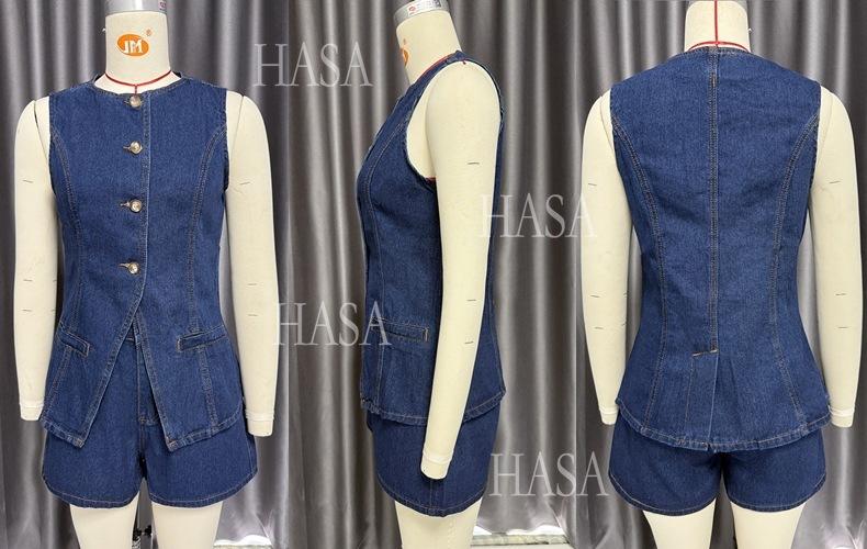 HASA HS6097 Women’s Button Front Denim Top with Matching Shorts