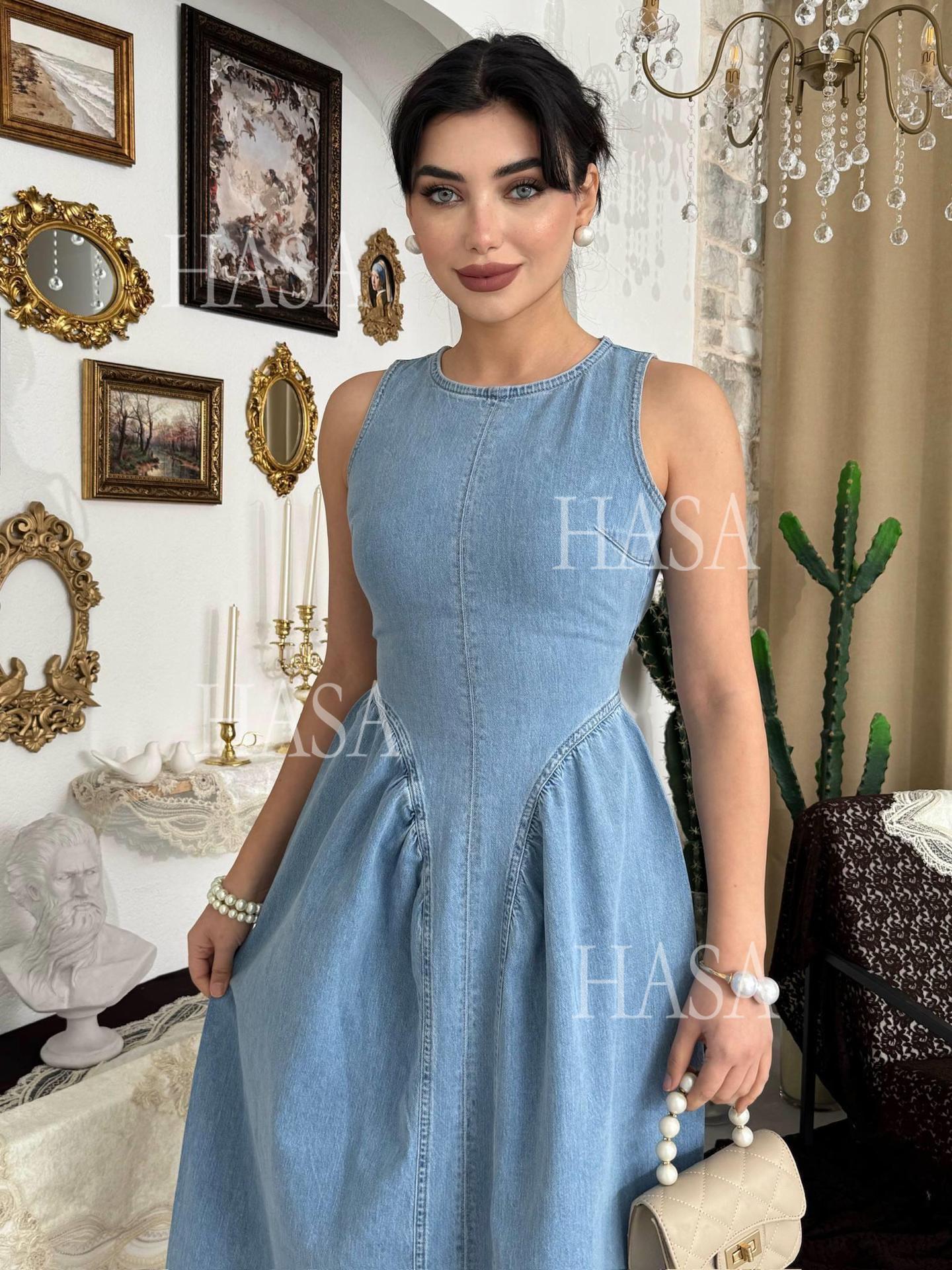 HASA HS6787 Vintage Inspired Light Blue Denim Dress with Full Skirt