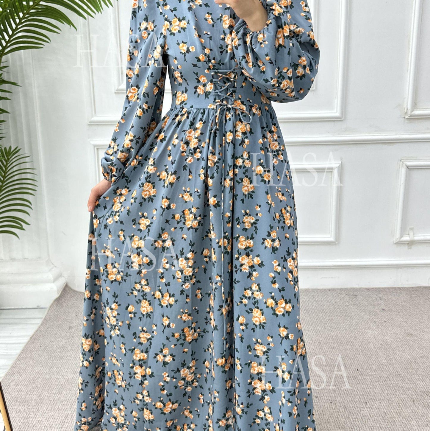 HS6489 Long-sleeved Floral Maxi Dress with Natural Waist