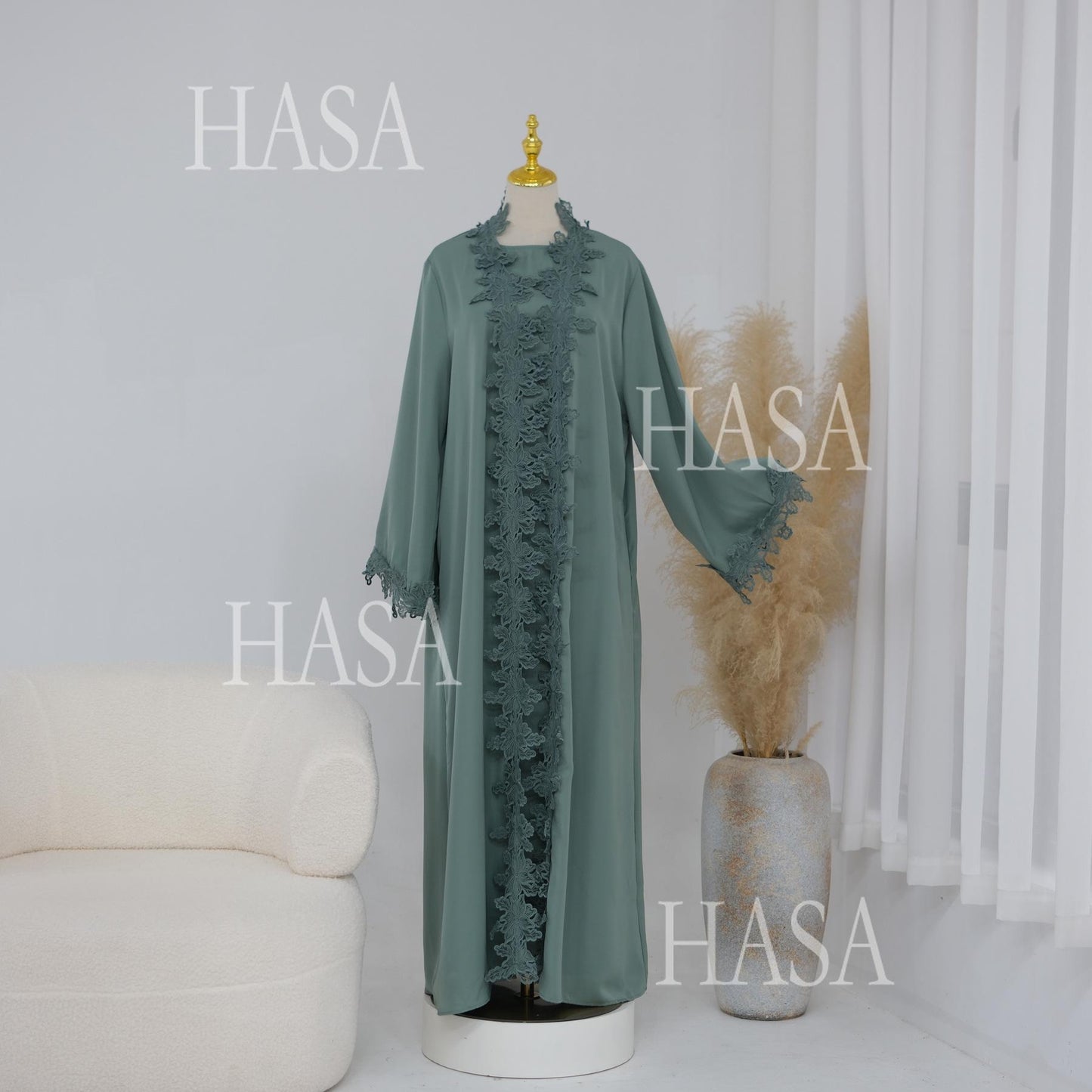 HASA HS6780 Chic Floral Embroidered Open Abaya Two Piece Outfit
