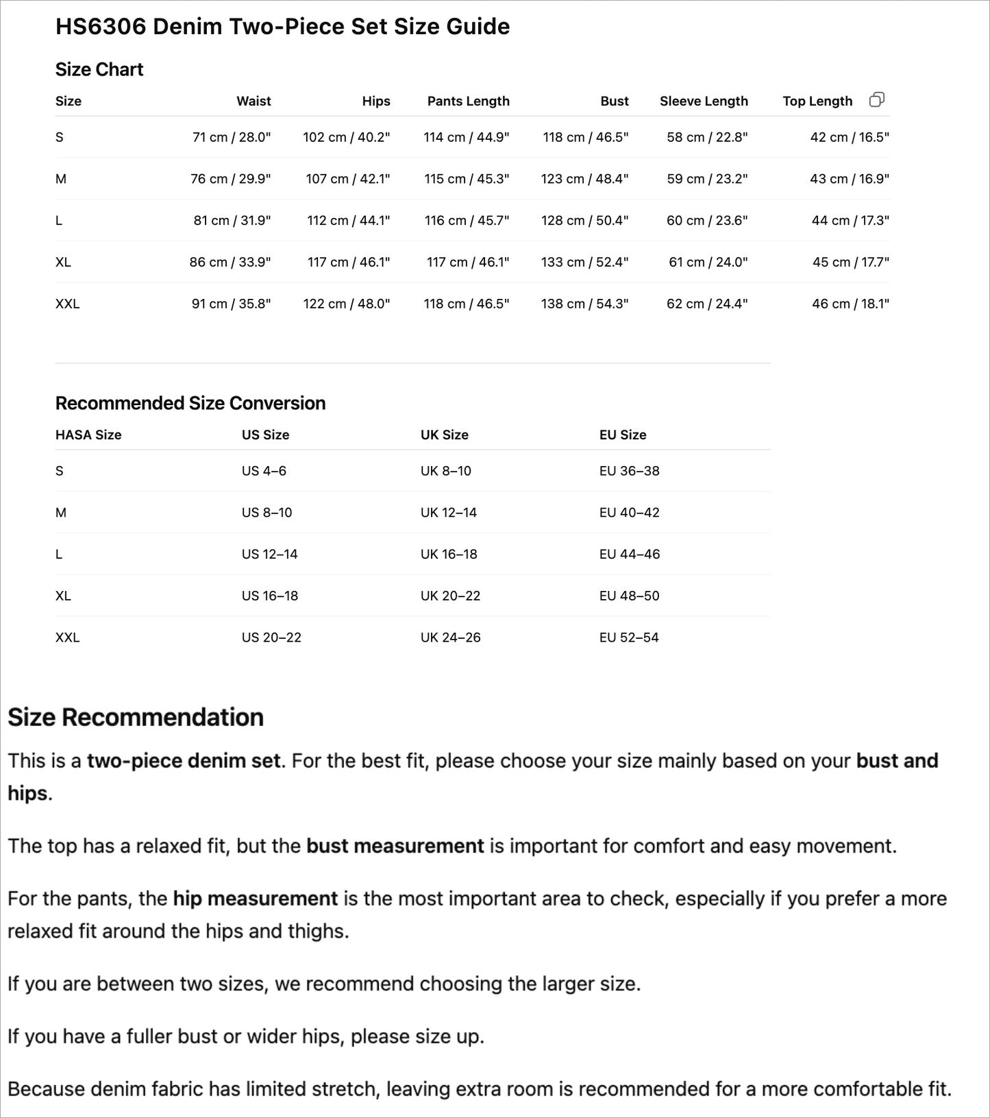 HS6306 Size guide pic