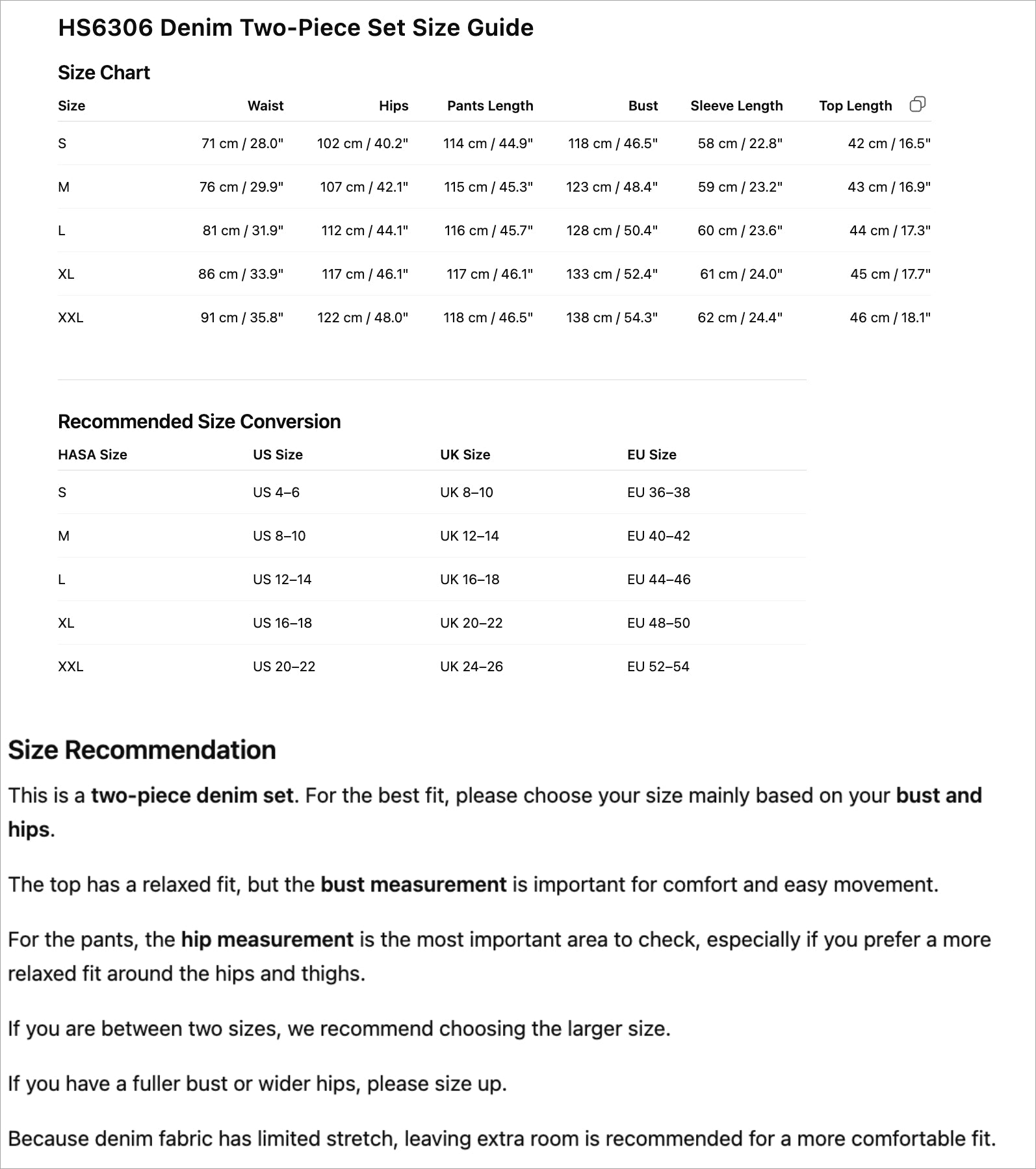 HS6306 Size guide pic