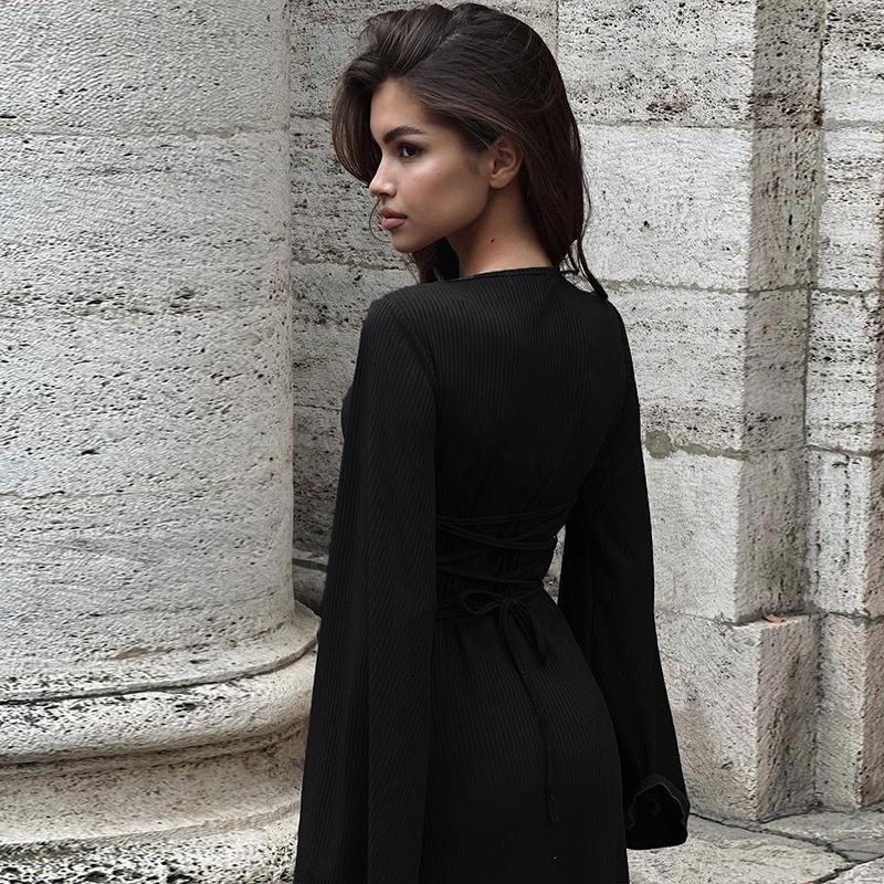 HASASERIES HS0676 Flared Long Sleeved High Waist Maxi Skirt with Lace-up Back
