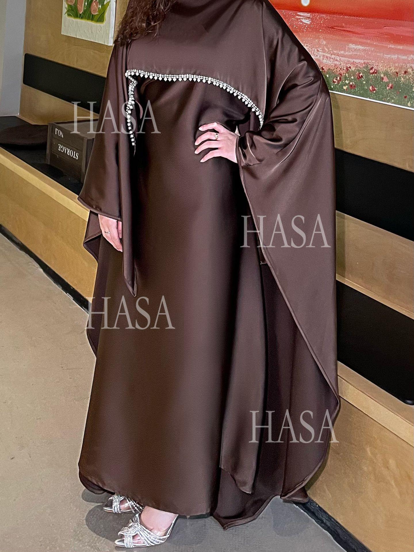HS6476 Long Sleeves Glossy Robe with Pearl Embellishment