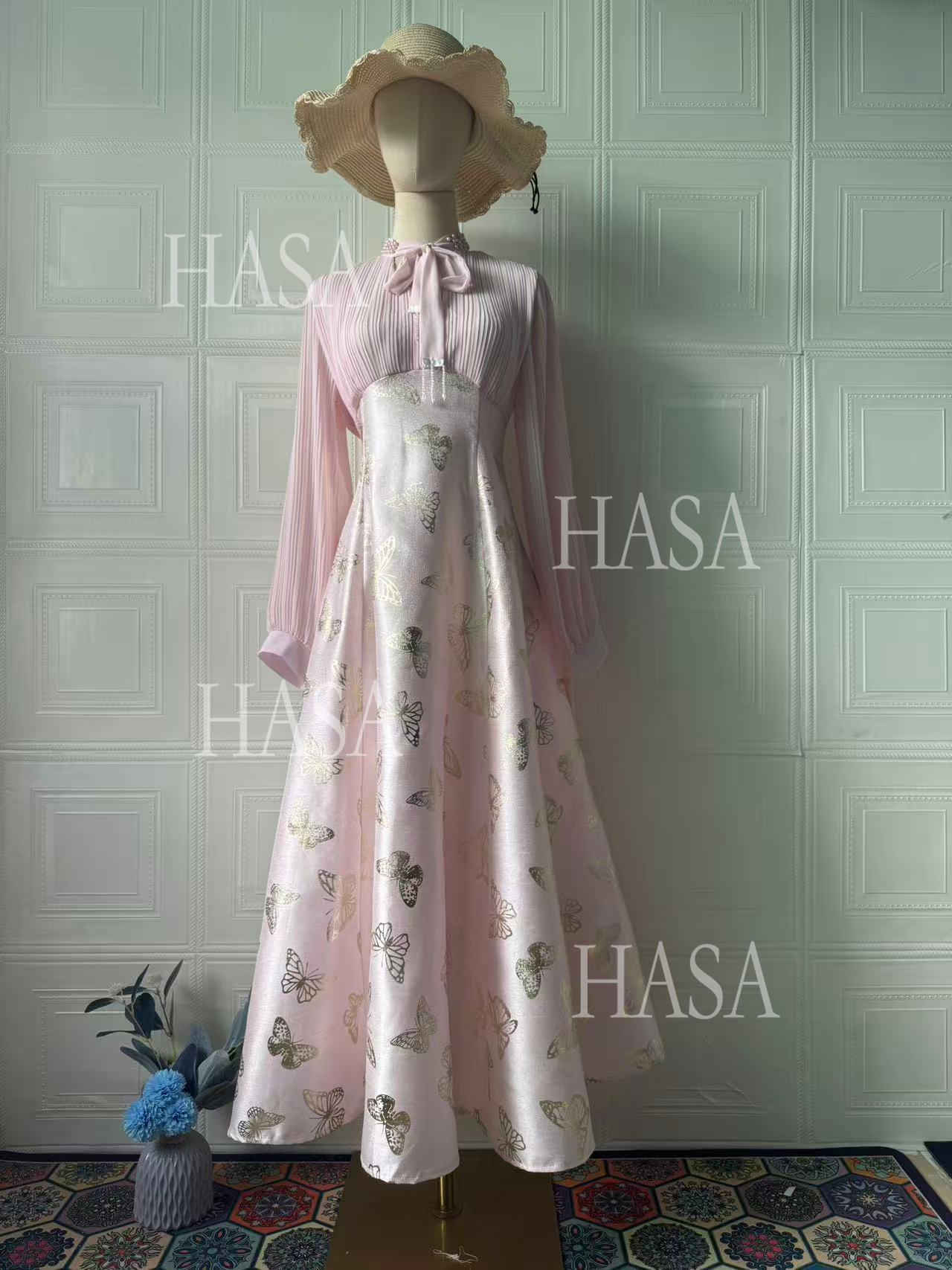 HS6734 Flowy Feminine Maxi Dress with Embroidered Butterfly Design