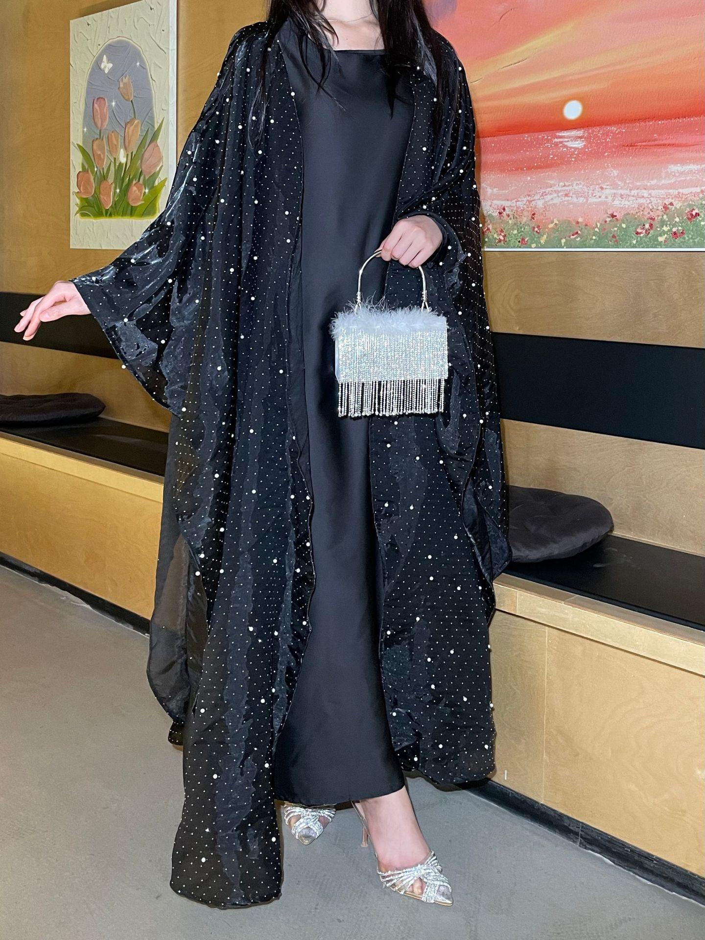 HS6540 Elegant Rhinestone Abaya Two-Piece Set with Outer Cape