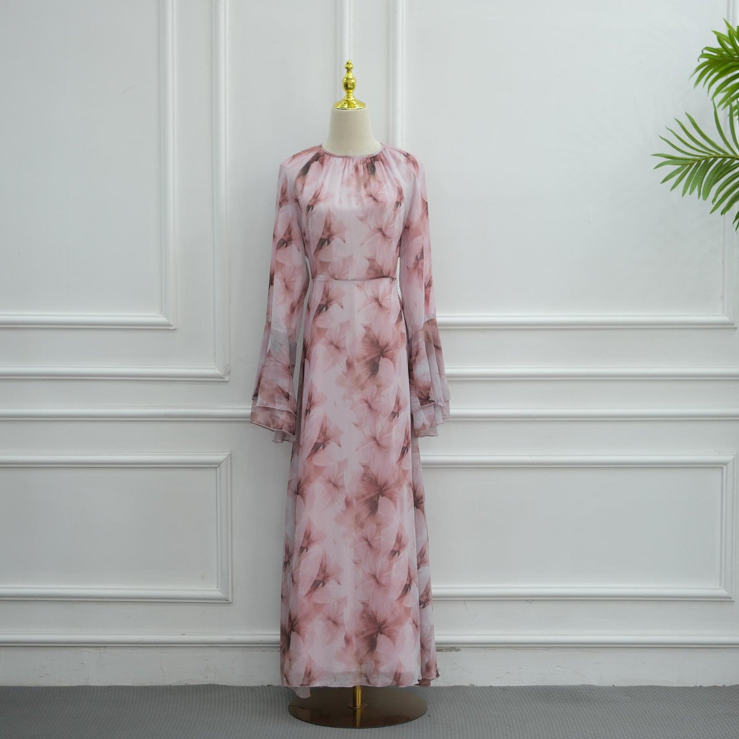 HASA HS6811 Chiffon Floral Maxi Dress Flare Ruffle Sleeve Elegant Long Dress for Women Daily Party Wear