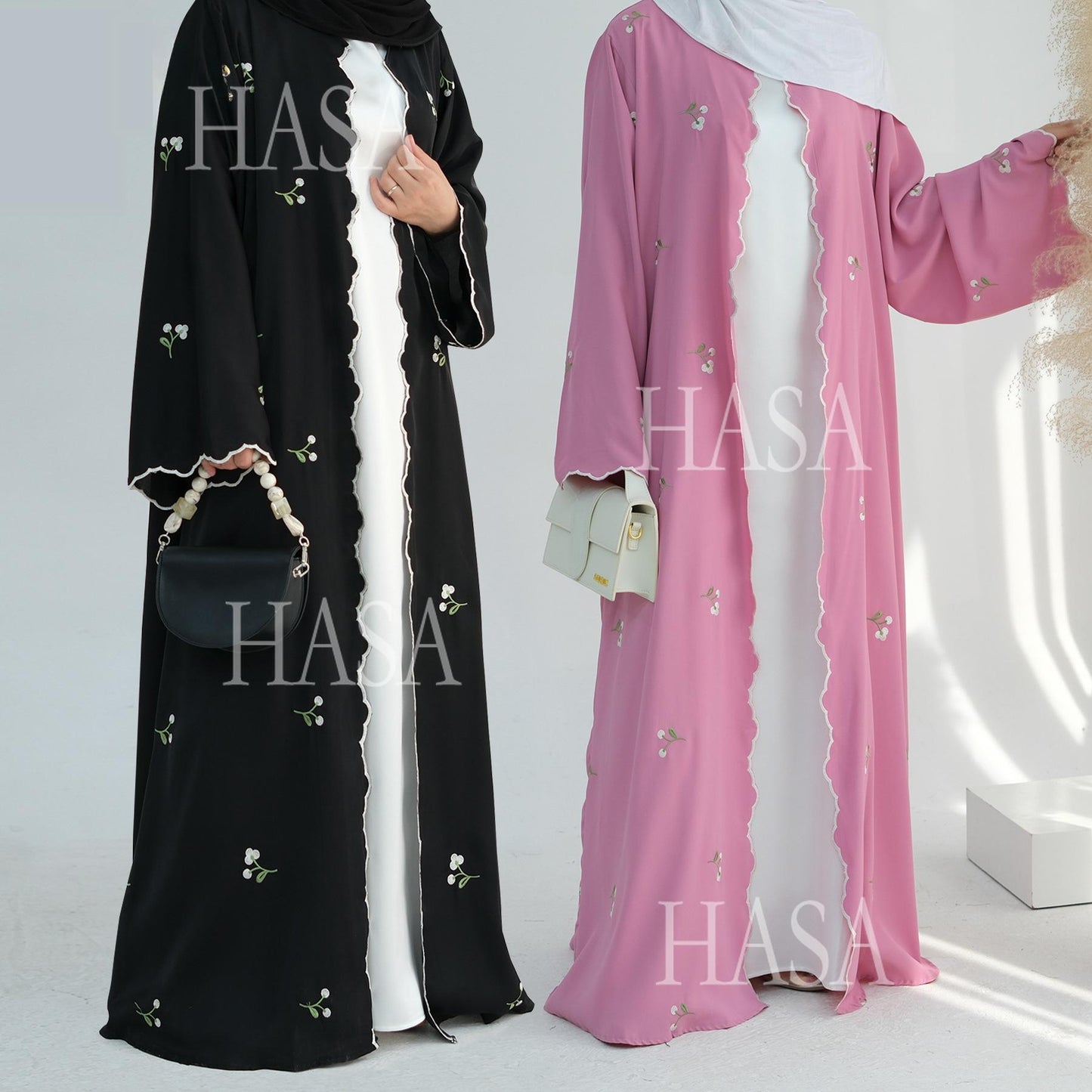 HS6472 Longline Cardigan with Delicate Floral Details and Curved Edging