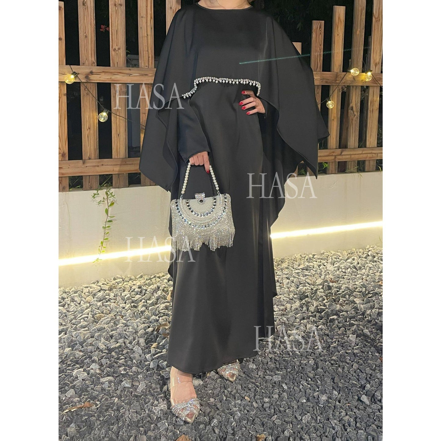 HS6570 Elegant Cape-style Satin Dress Robe for Women