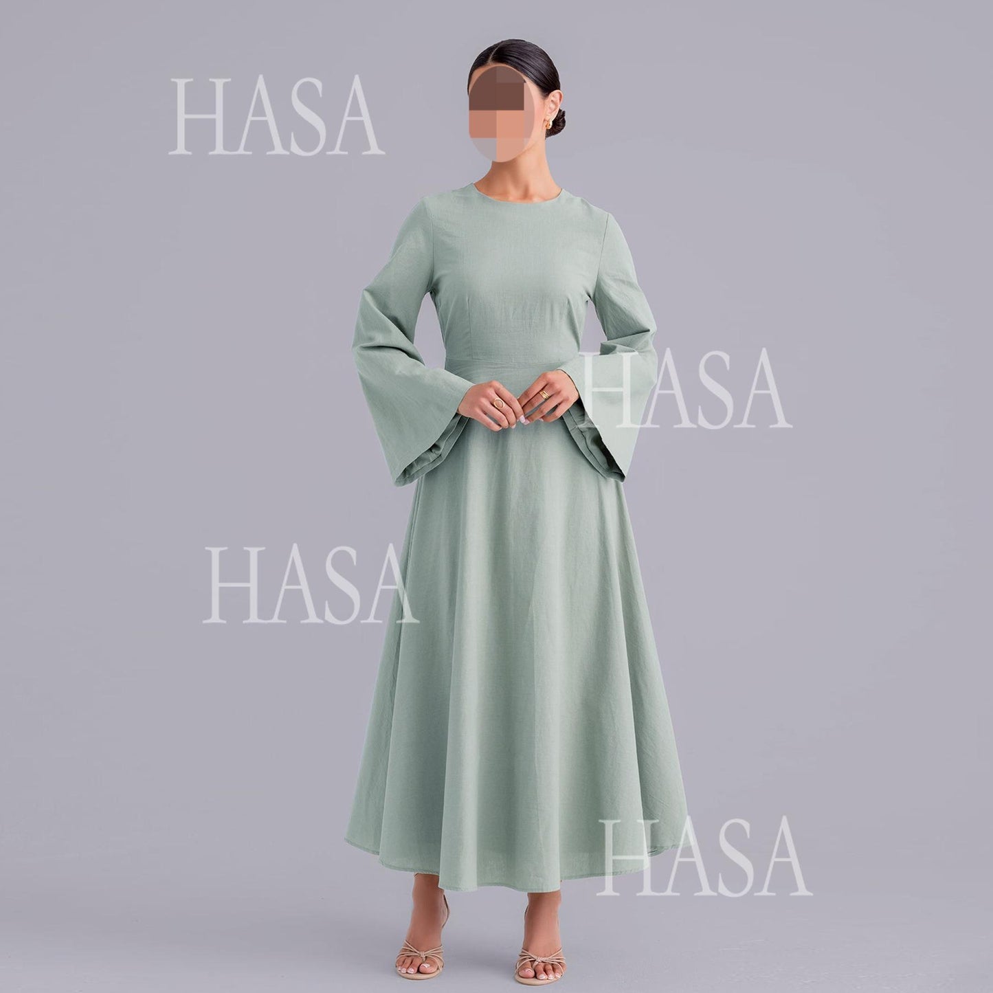 HS6494 Simple Solid Color Linen Bamboo Dress | Lace-Up Design