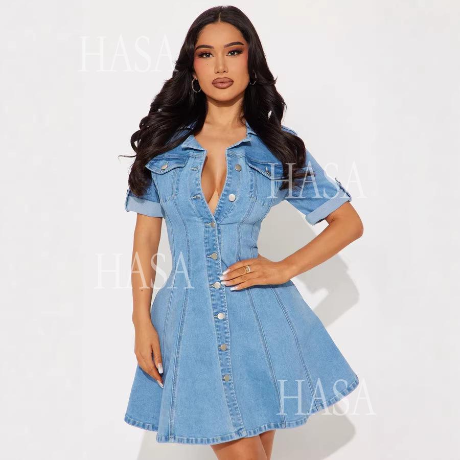 HASA HS6788 Edgy Button Up Denim Dress for Streetwear Party Looks