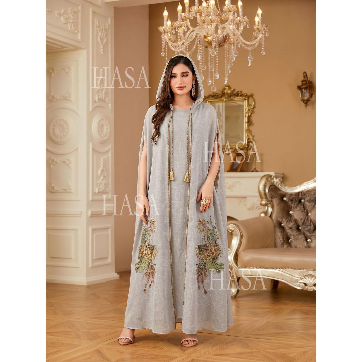 HASA HS6763 Elegant Tassel Hooded Maxi Ensemble
