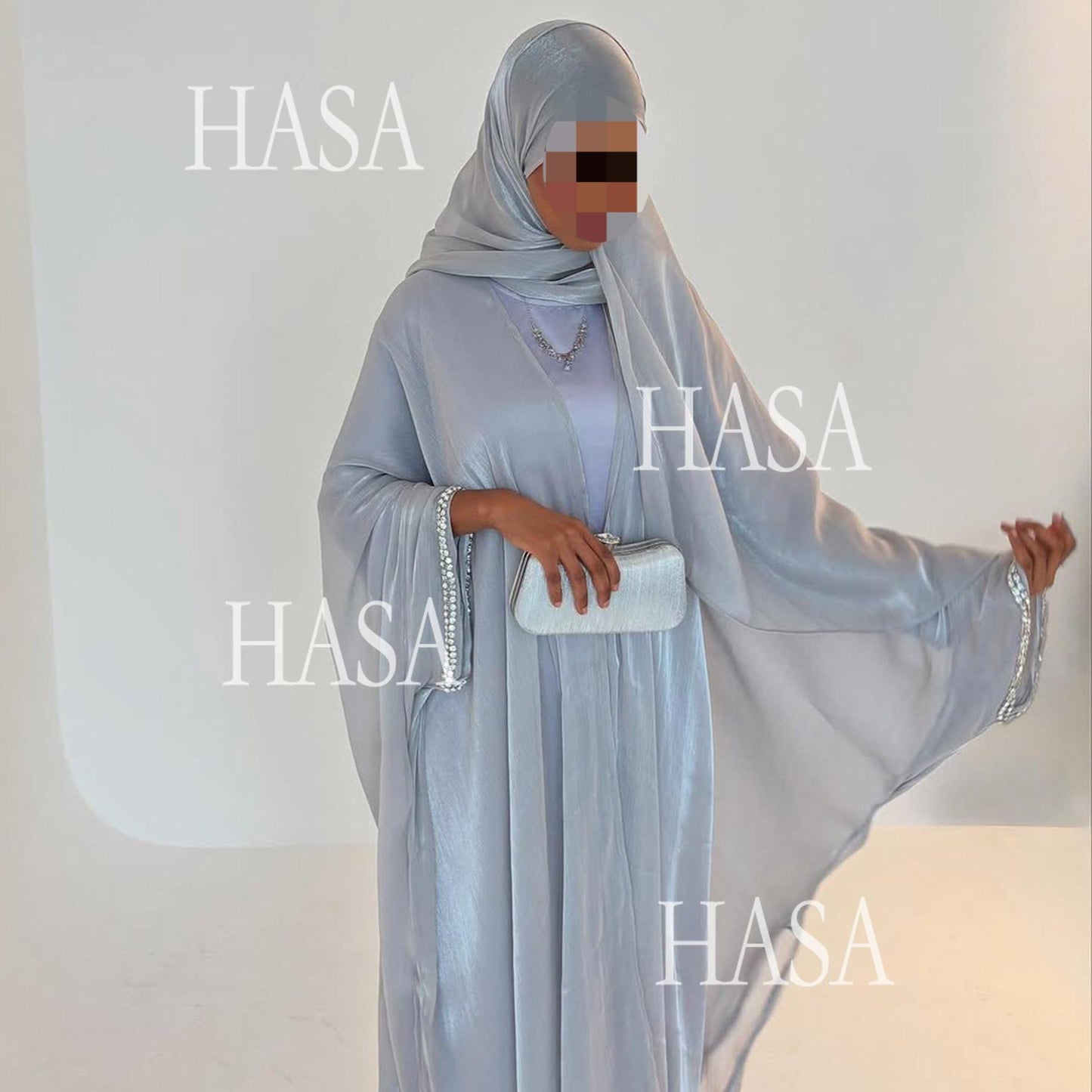 HS6553  Two-Piece Solid Abaya with Beaded Details and Matching Scarf Option