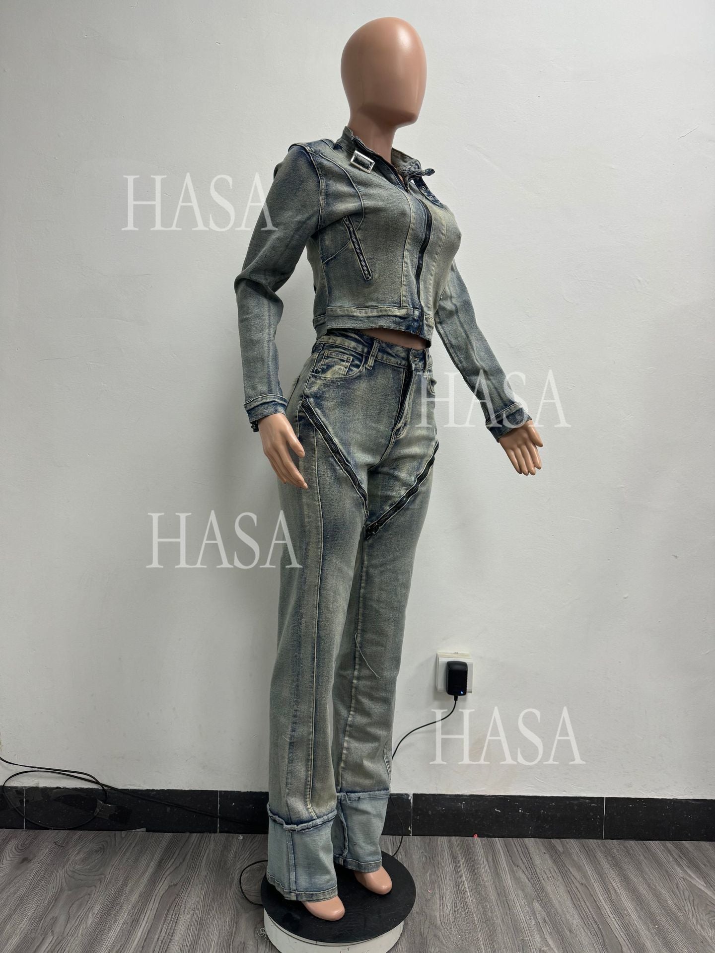 HASA HS6291 Statement Washed Denim Two Piece Outfit with Zip Jacket Detail