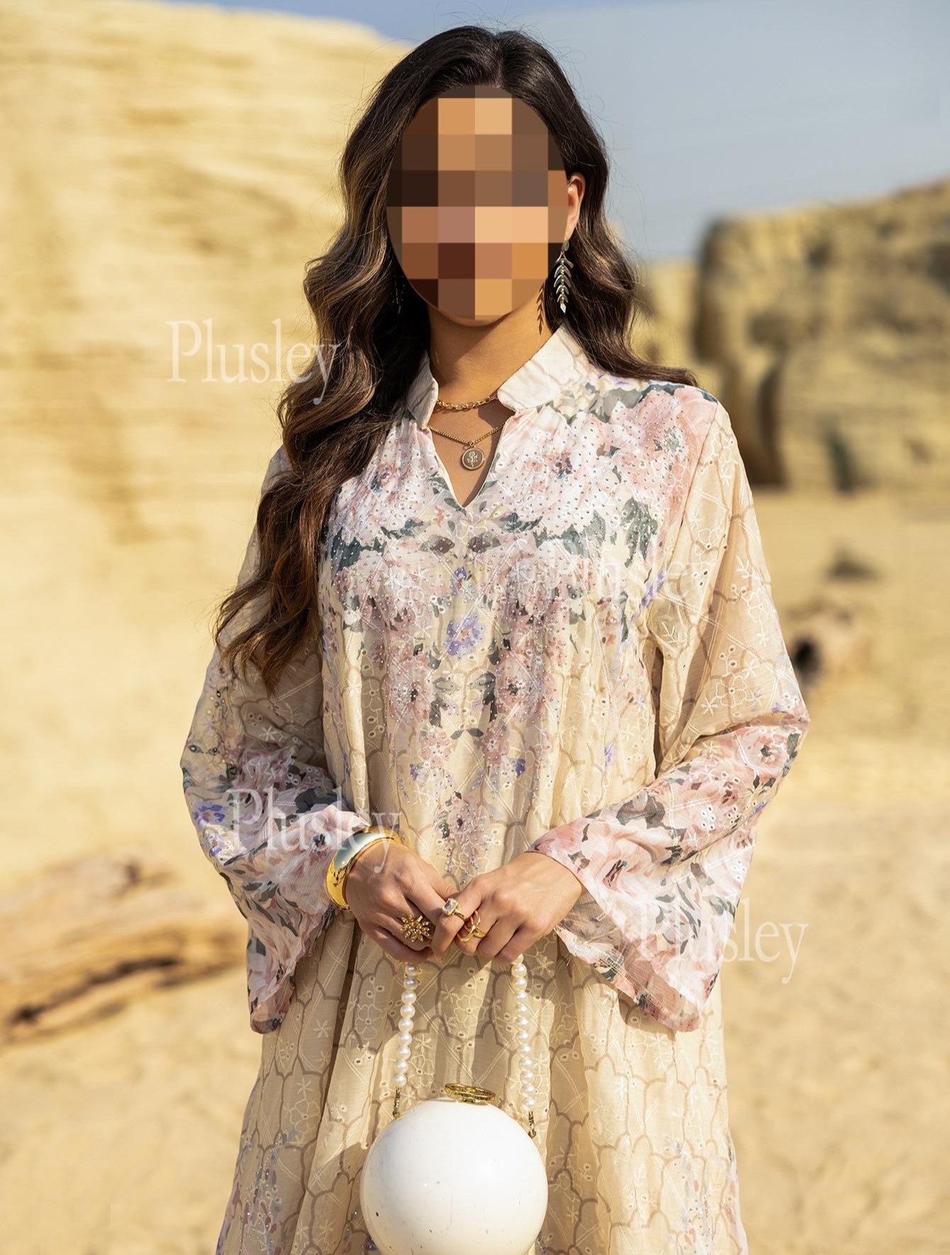 HS6636 Floral Print Embroidered Long Dress