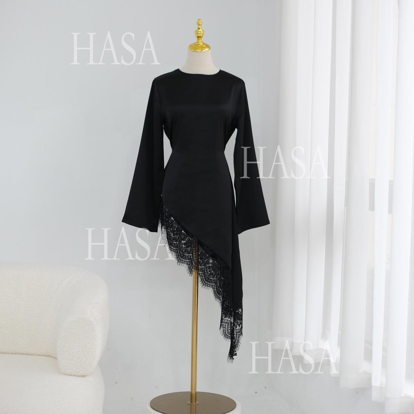 HASA HS6784 Soft Luxury Asymmetric Modest Top with Lace Detail