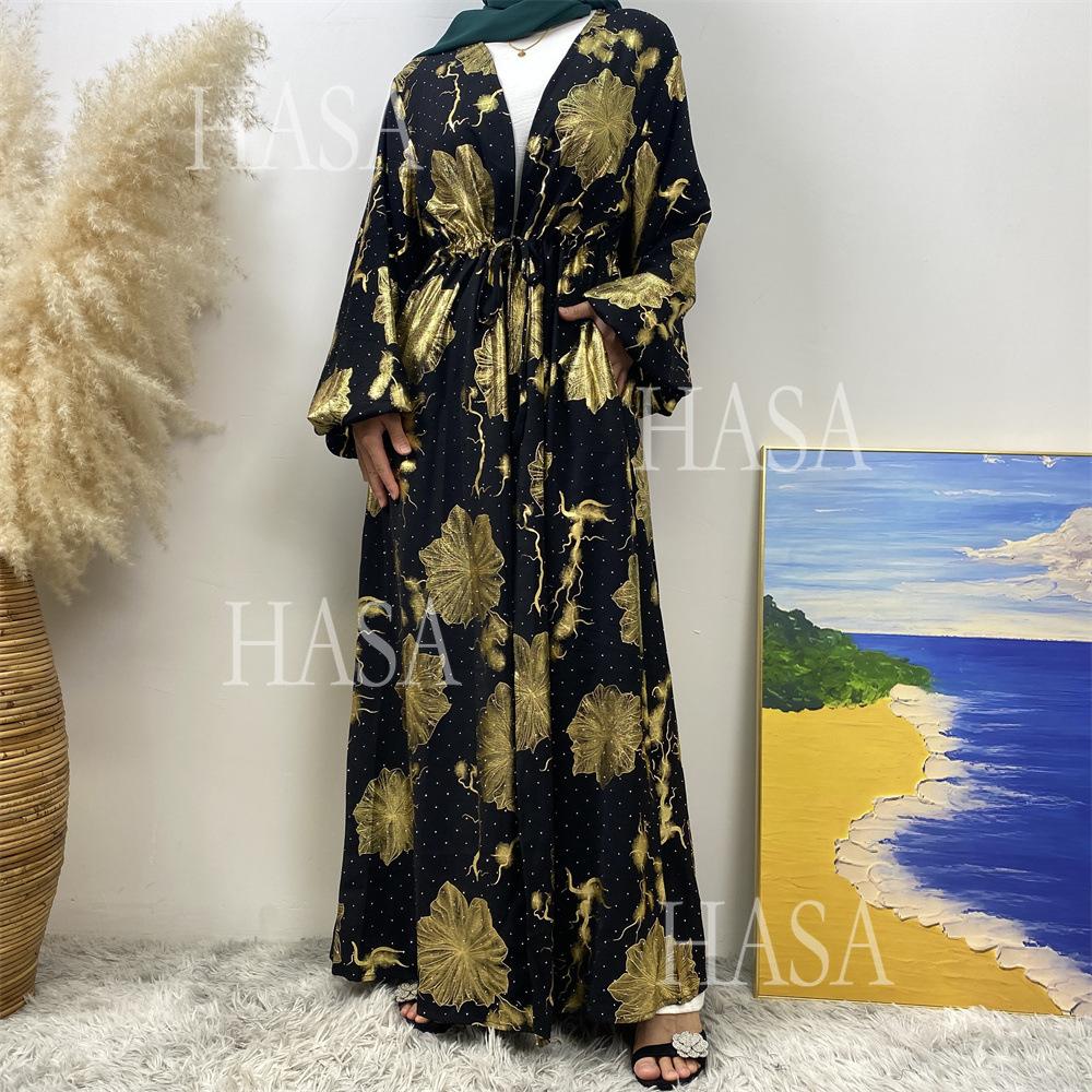 HS6589 Gold-stamped long cardigan with a flowing design