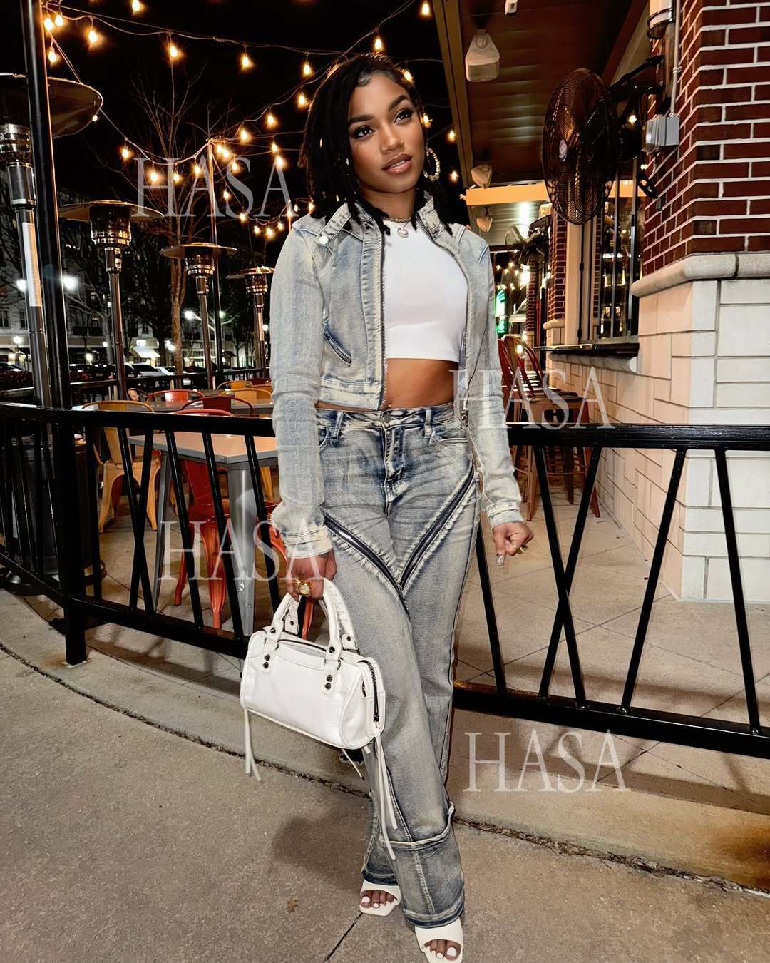HASA HS6291 Statement Washed Denim Two Piece Outfit with Zip Jacket Detail
