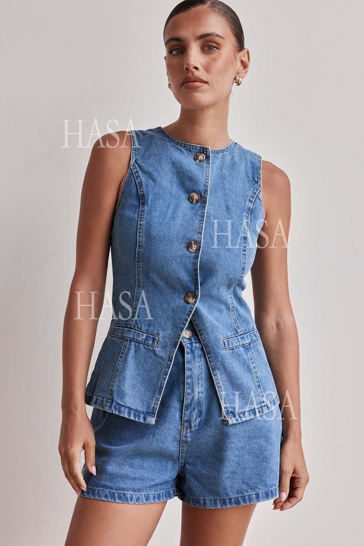 HASA HS6097 Women’s Button Front Denim Top with Matching Shorts