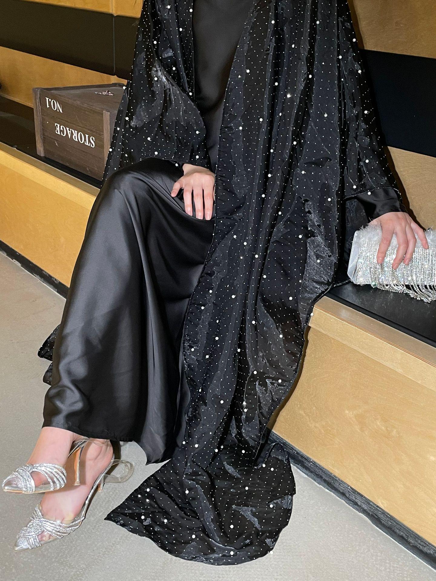 HS6540 Elegant Rhinestone Abaya Two-Piece Set with Outer Cape