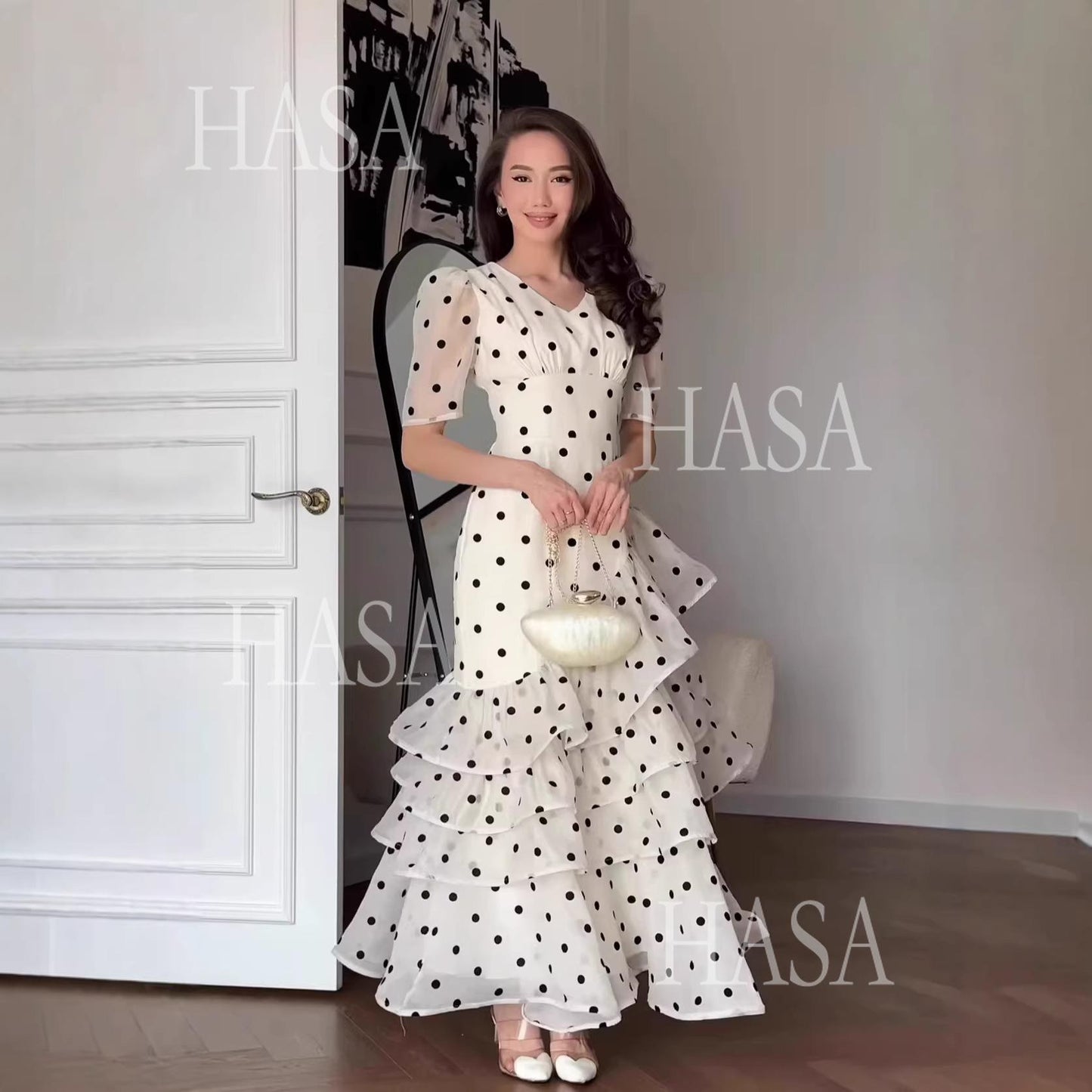 HS6749 Soft Girl Polka Dot Maxi Dress