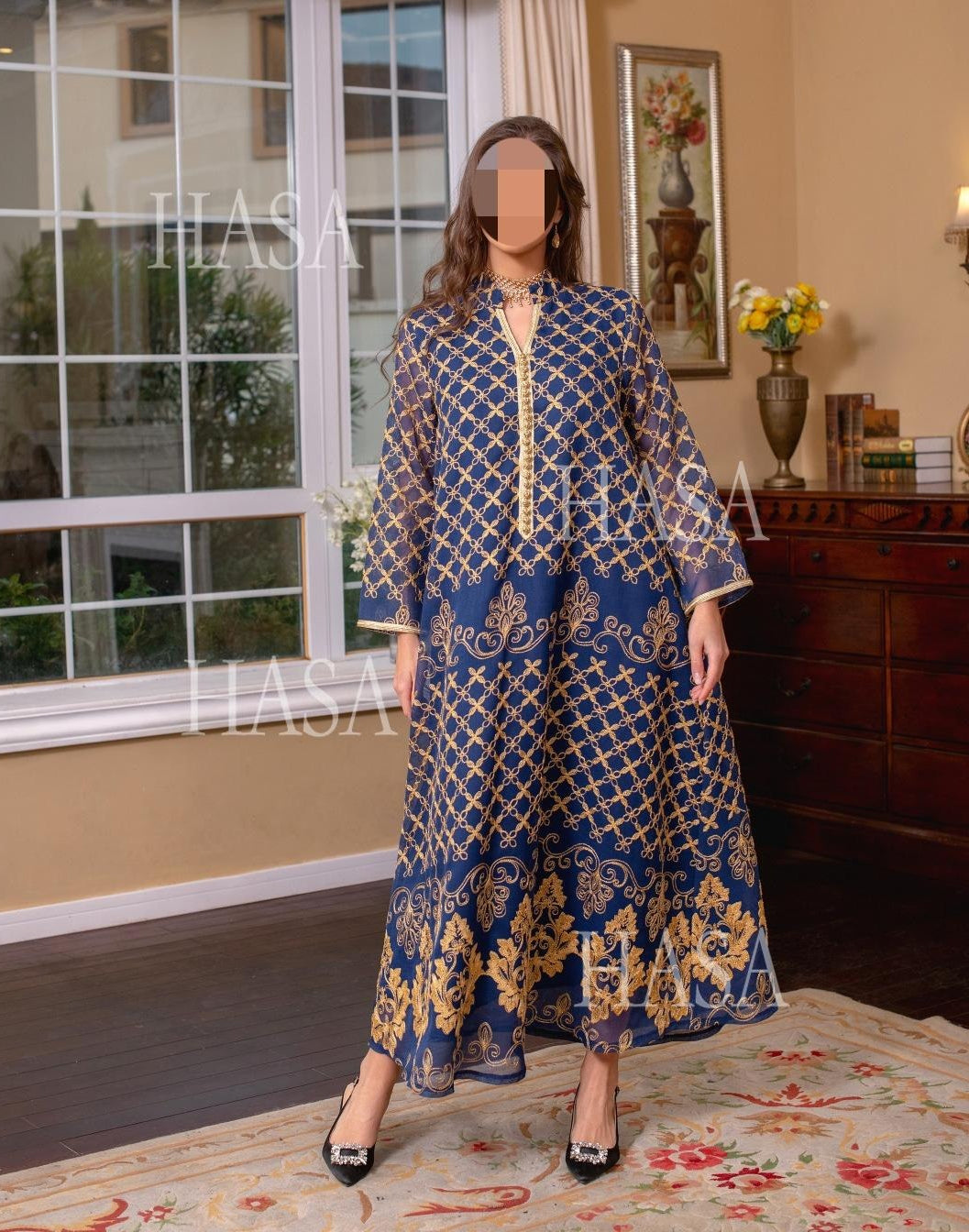 HS6640 Elegant Openwork Embroidered Abaya Long Dress