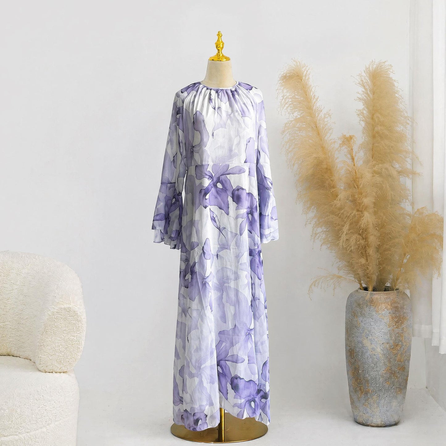 HASA HS6811 Chiffon Floral Maxi Dress Flare Ruffle Sleeve Elegant Long Dress for Women Daily Party Wear