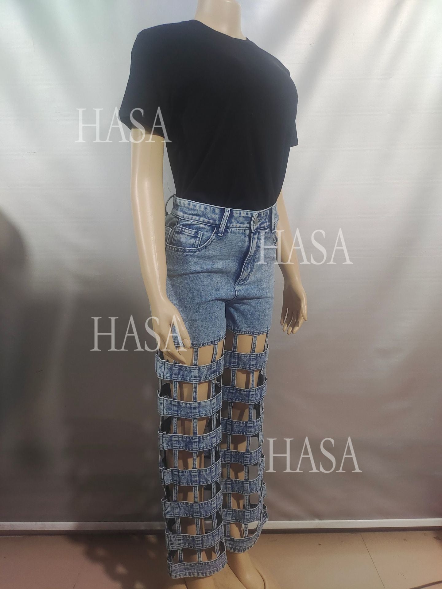 HASA HS6778 Statement High Waist Denim Pants with Cutout Leg Detail