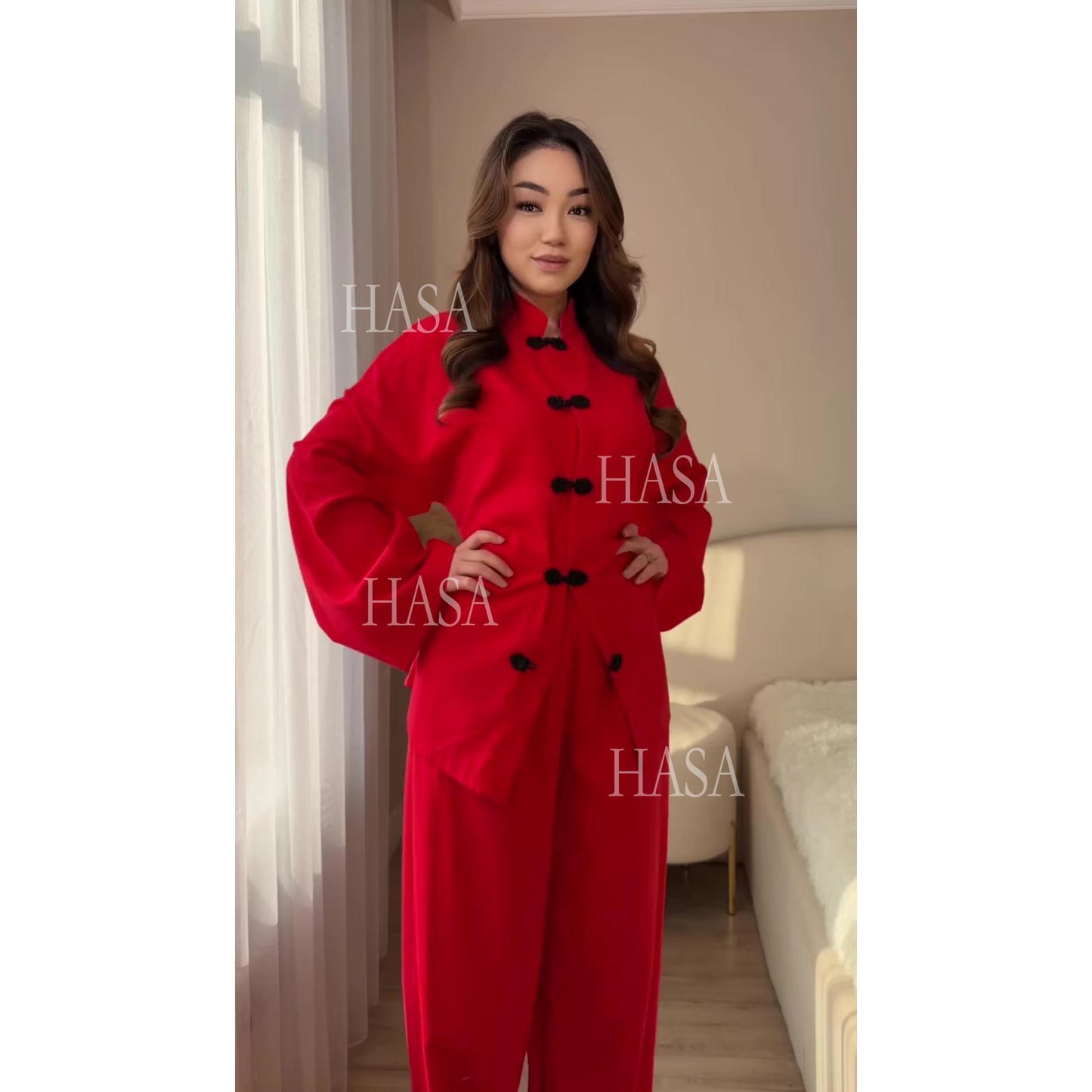 HS6738 Chic Long Sleeve Matching Set with Flowy Pants
