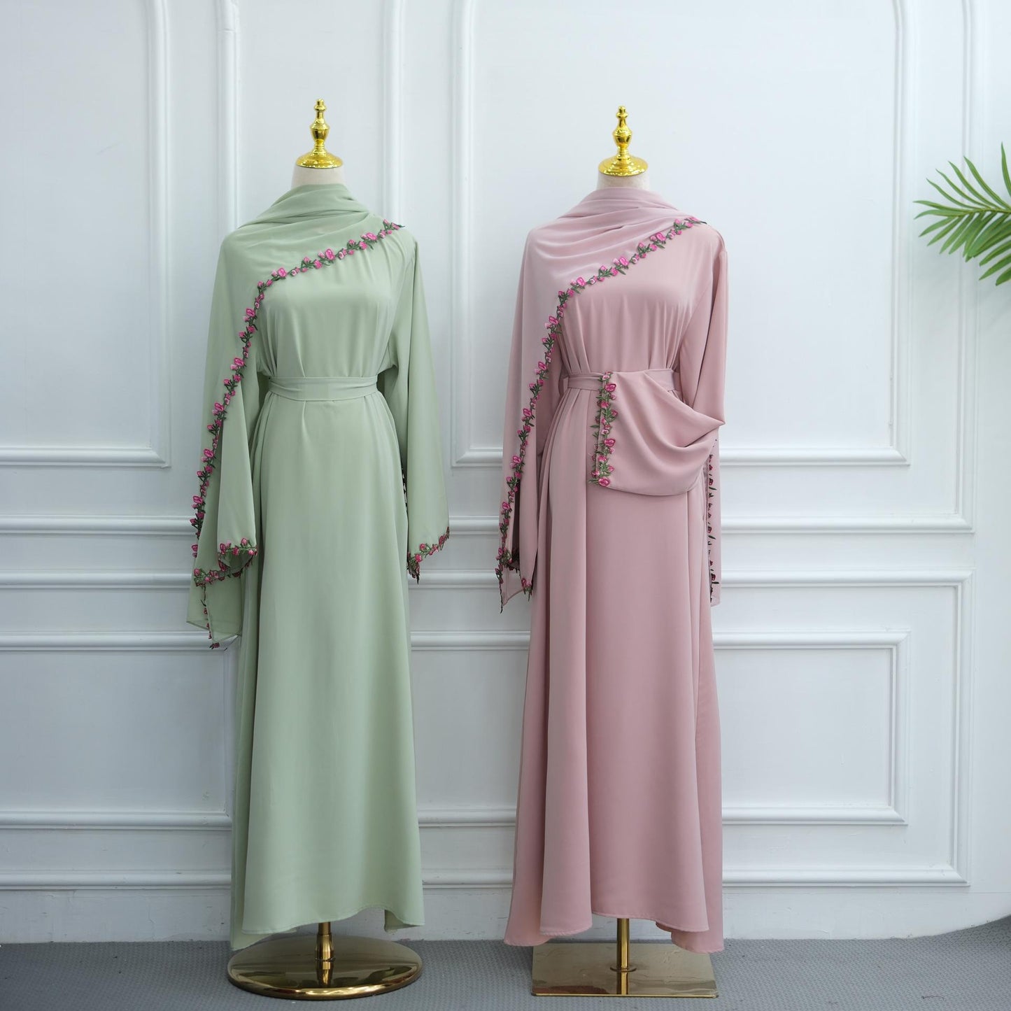 HASA HS6814 Loriya Pink Lace Stitching Two-piece Dress + Headscarf