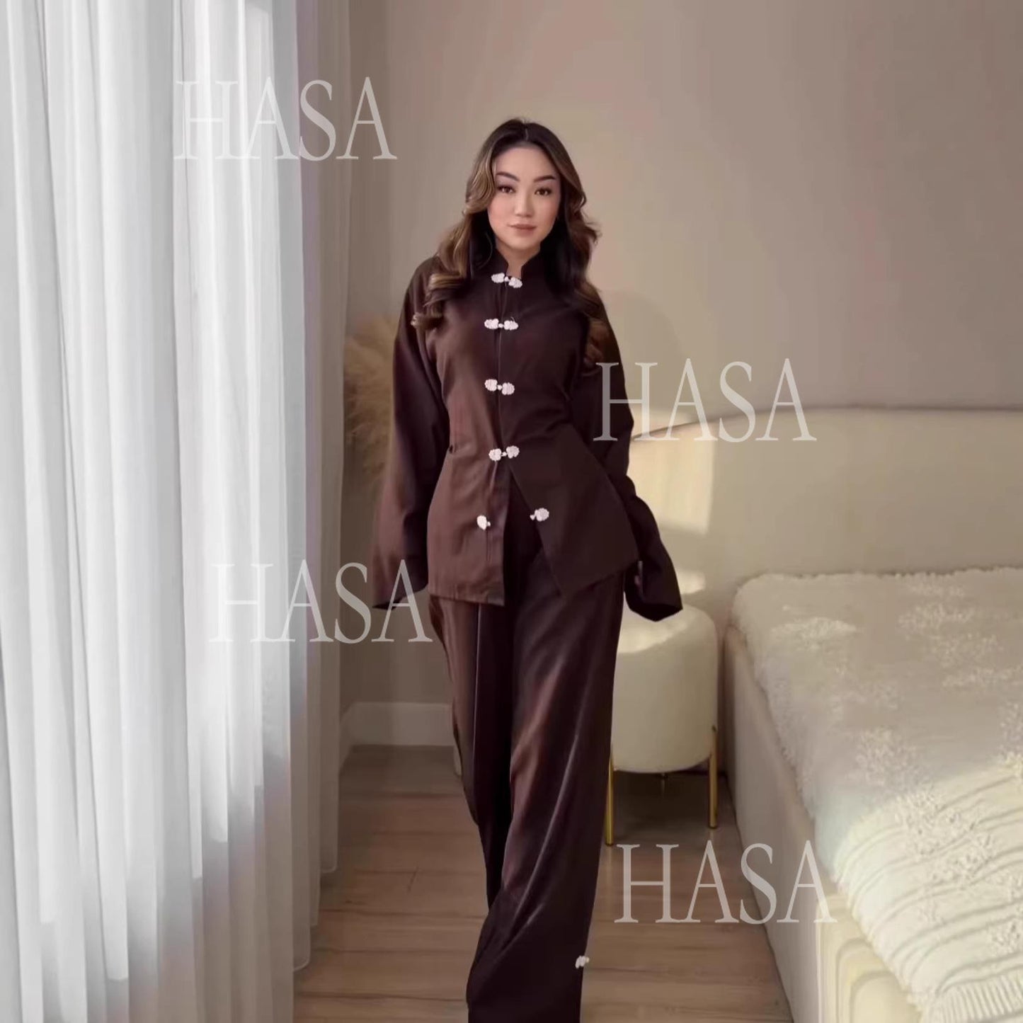 HS6738 Chic Long Sleeve Matching Set with Flowy Pants