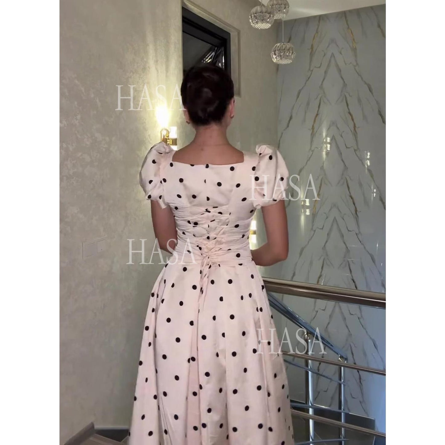 HASA HS6752 Feminine High Waist Flowy Evening Dress
