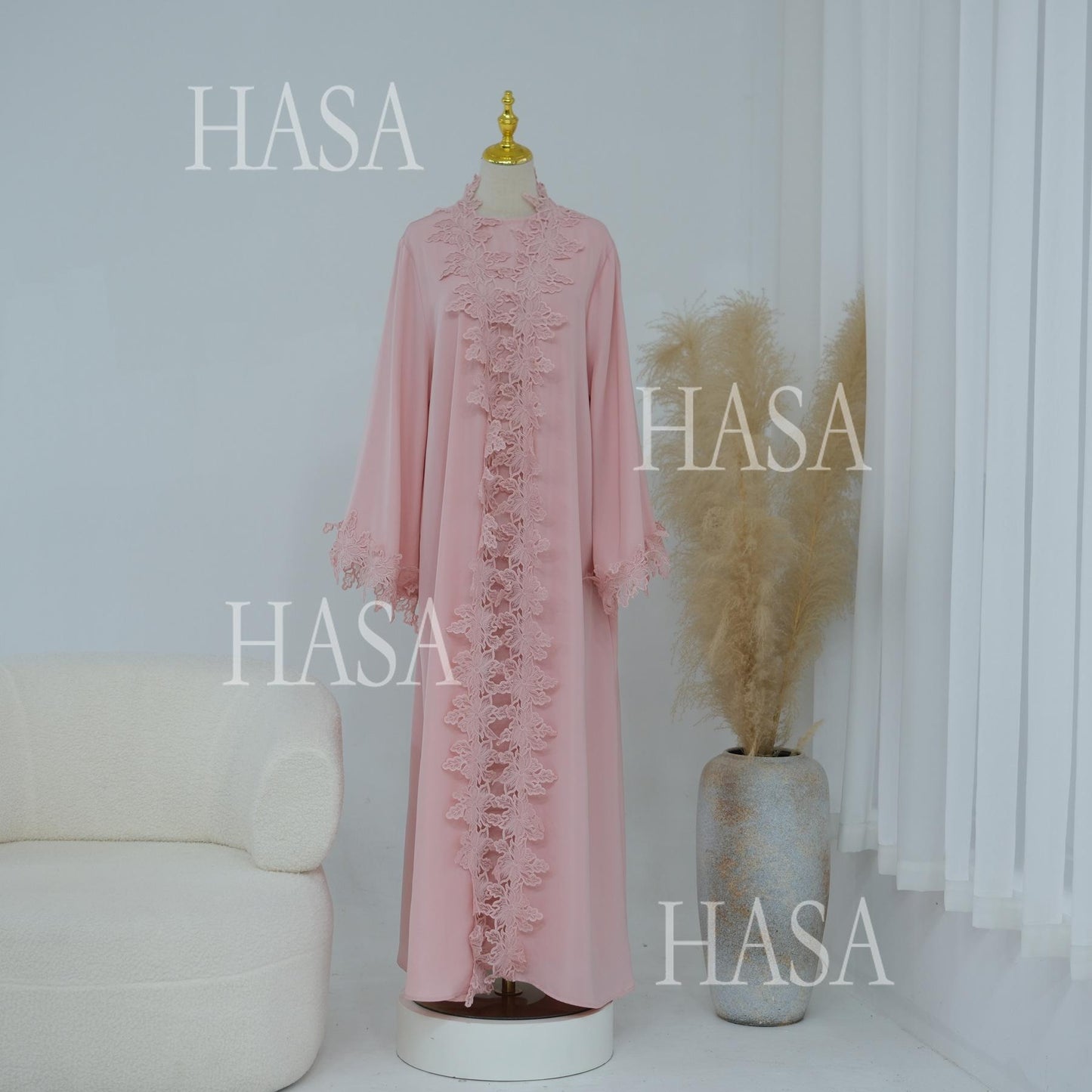 HASA HS6780 Chic Floral Embroidered Open Abaya Two Piece Outfit
