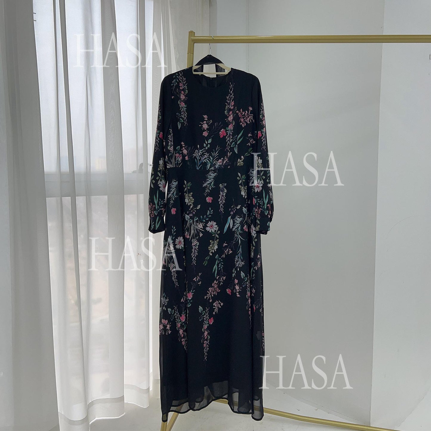 HS6531 Chiffon Printed Ankle-Length Maxi Dress with Long Sleeves