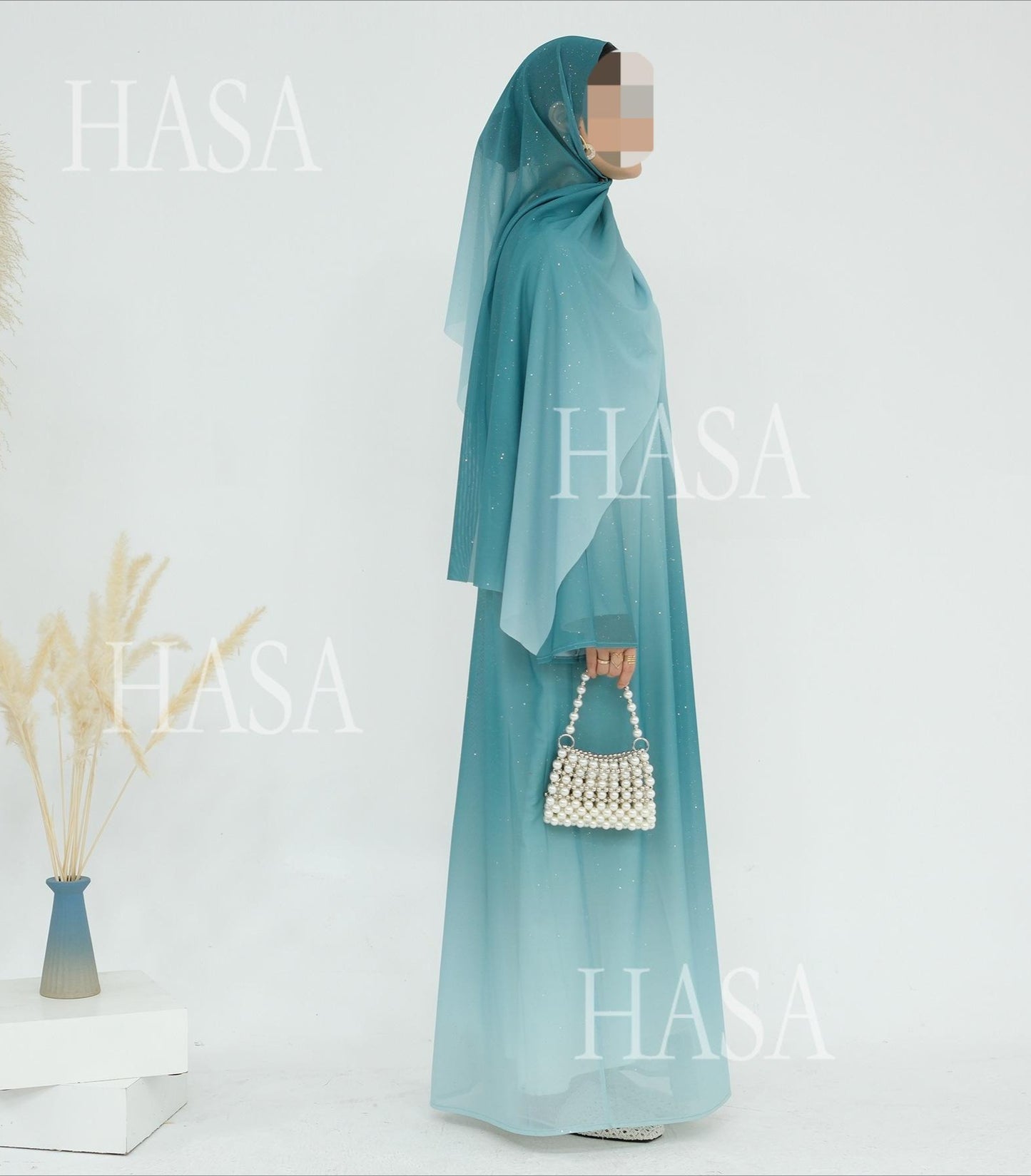 HS6617 Gradient Color Long Cardigan Two-Piece Set (Including Headscarf)