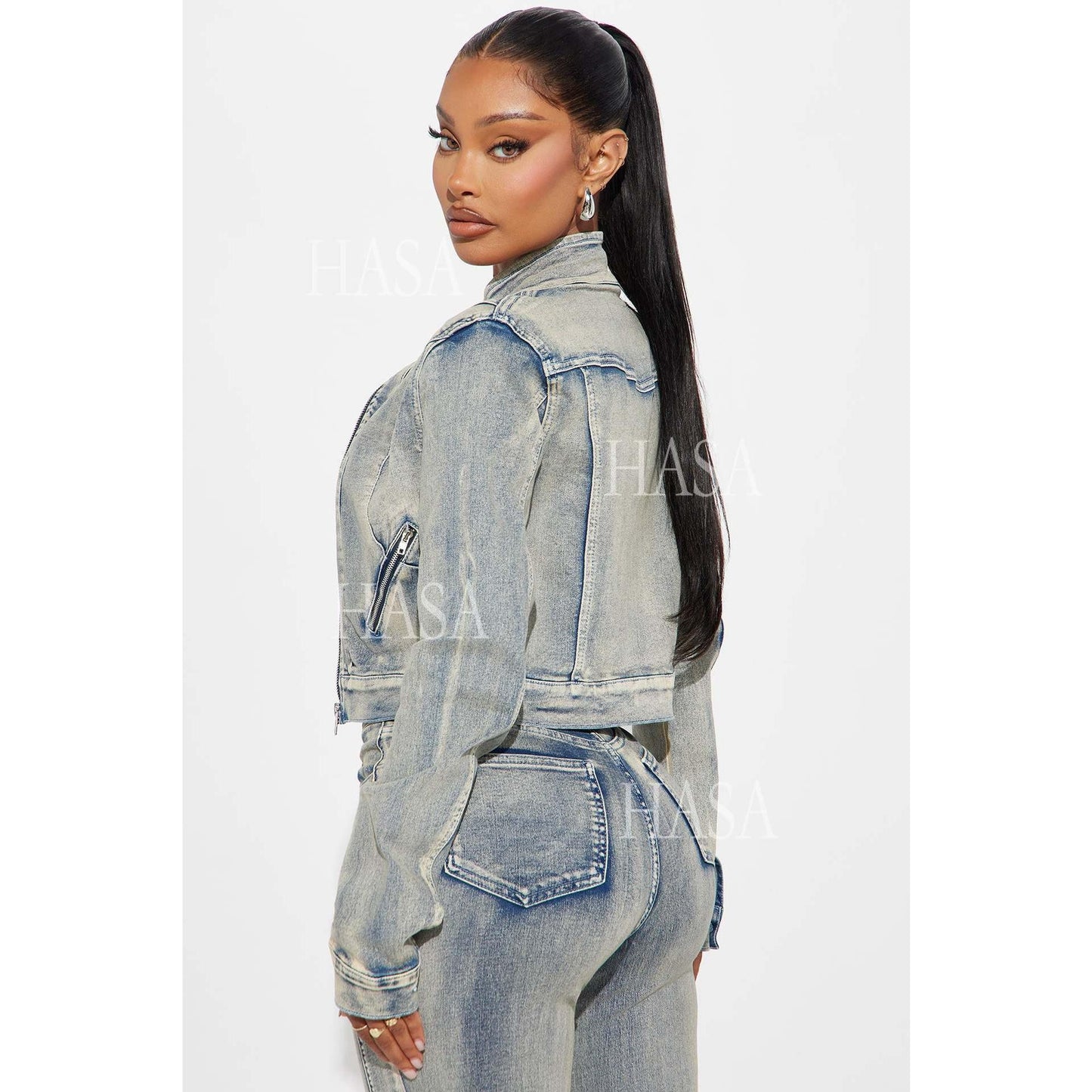 HASA HS6291 Statement Washed Denim Two Piece Outfit with Zip Jacket Detail