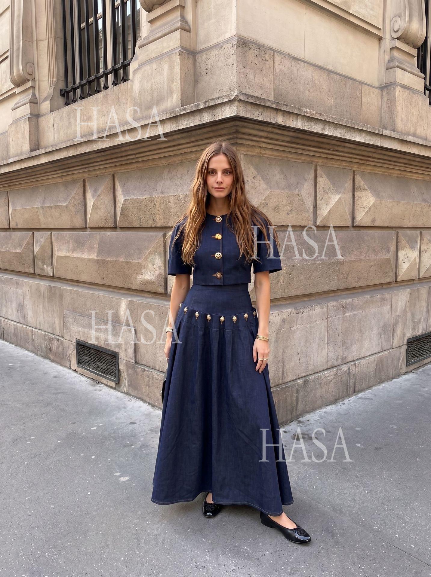 HASA HS6786 Luxury Look Dark Wash Denim Crop Top and Long Skirt Outfit