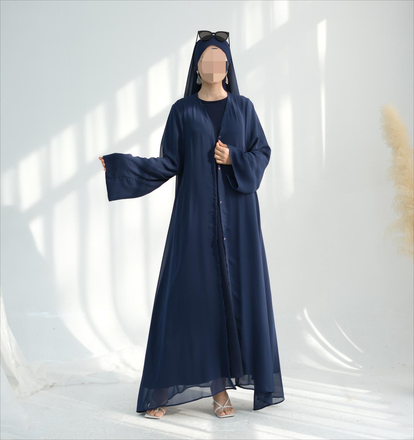 HS6513 Double-layered sleeve chiffon cardigan two-piece robe abaya (headscarf not included)