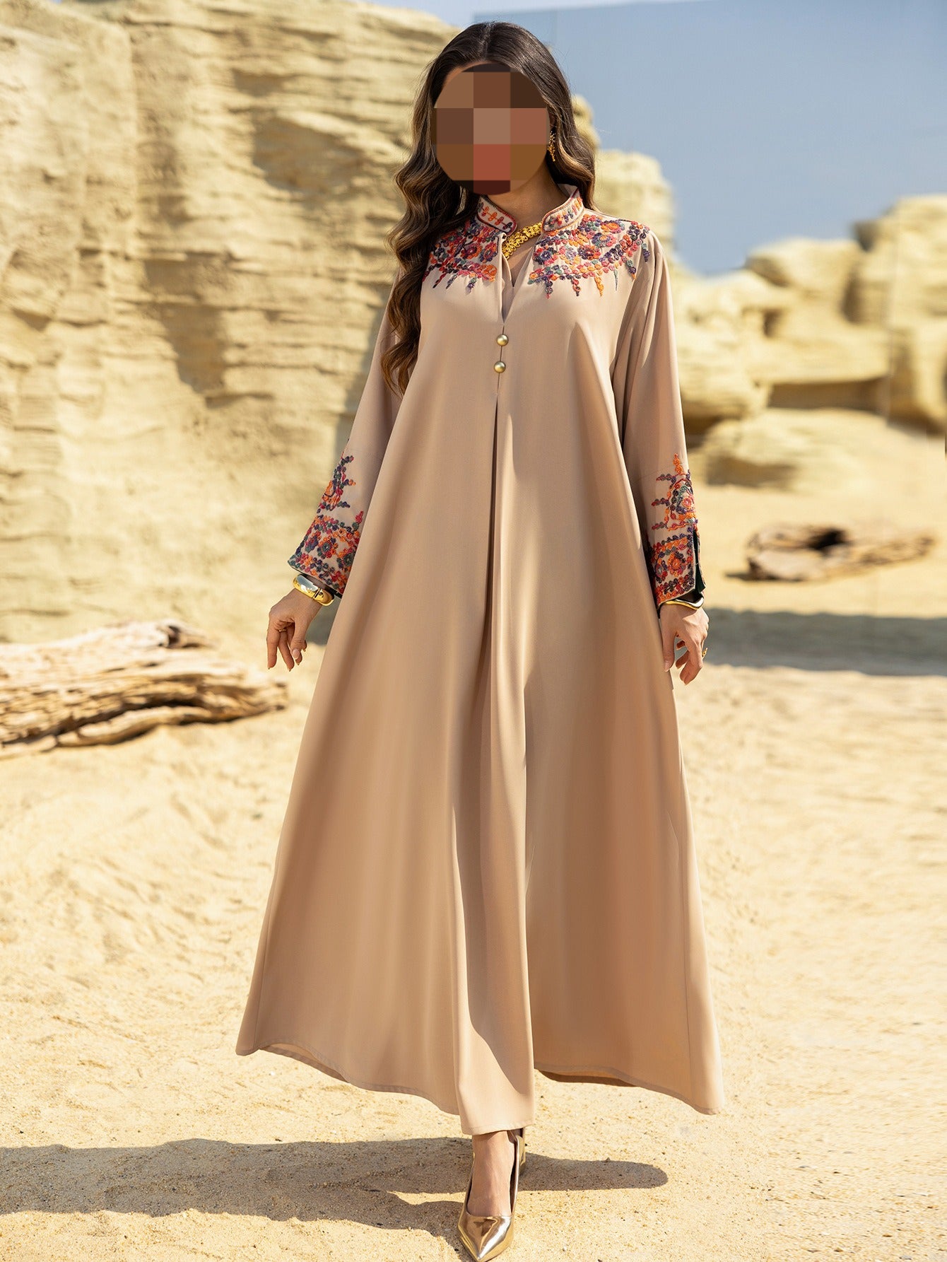 HS6655 Embroidered loose-fitting long dress | Soft drape and delicate cuff design